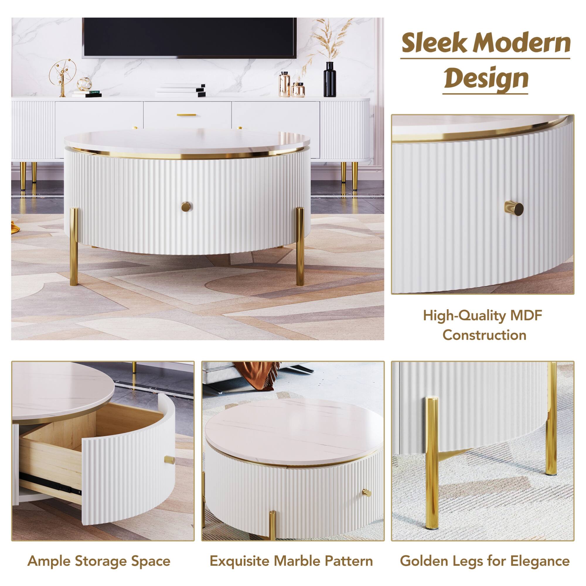 - Sleek Modern Design
- High-Quality MDF Construction
- Ample Storage Space
- Exquisite Marble Pattern
- Golden Legs for Elegance