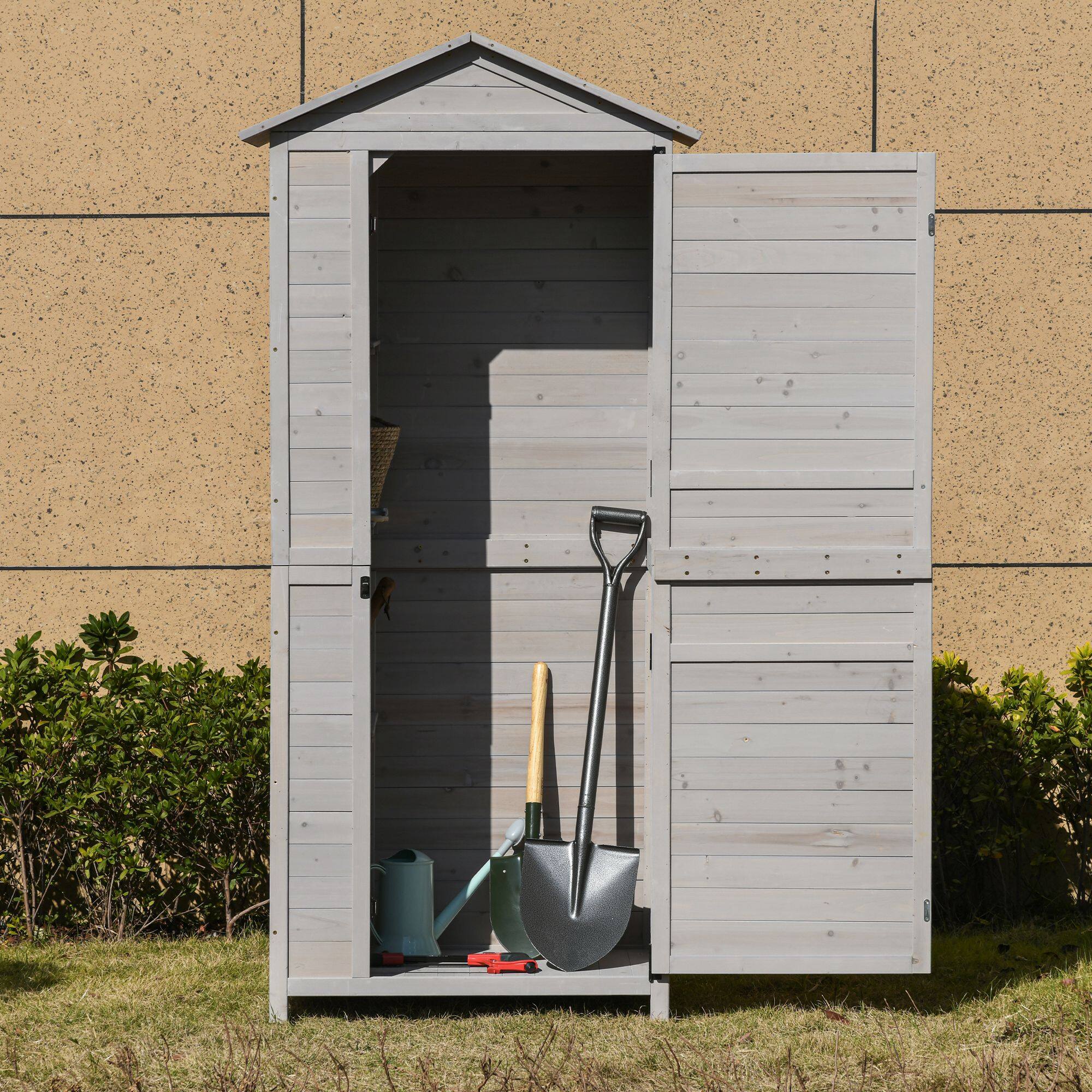 Angle. APRILSOUL - Fir Wood Outdoor Storage Cabinet 4 Shelf Lockable Tool Shed with Sloped Tin Roof - Gray.