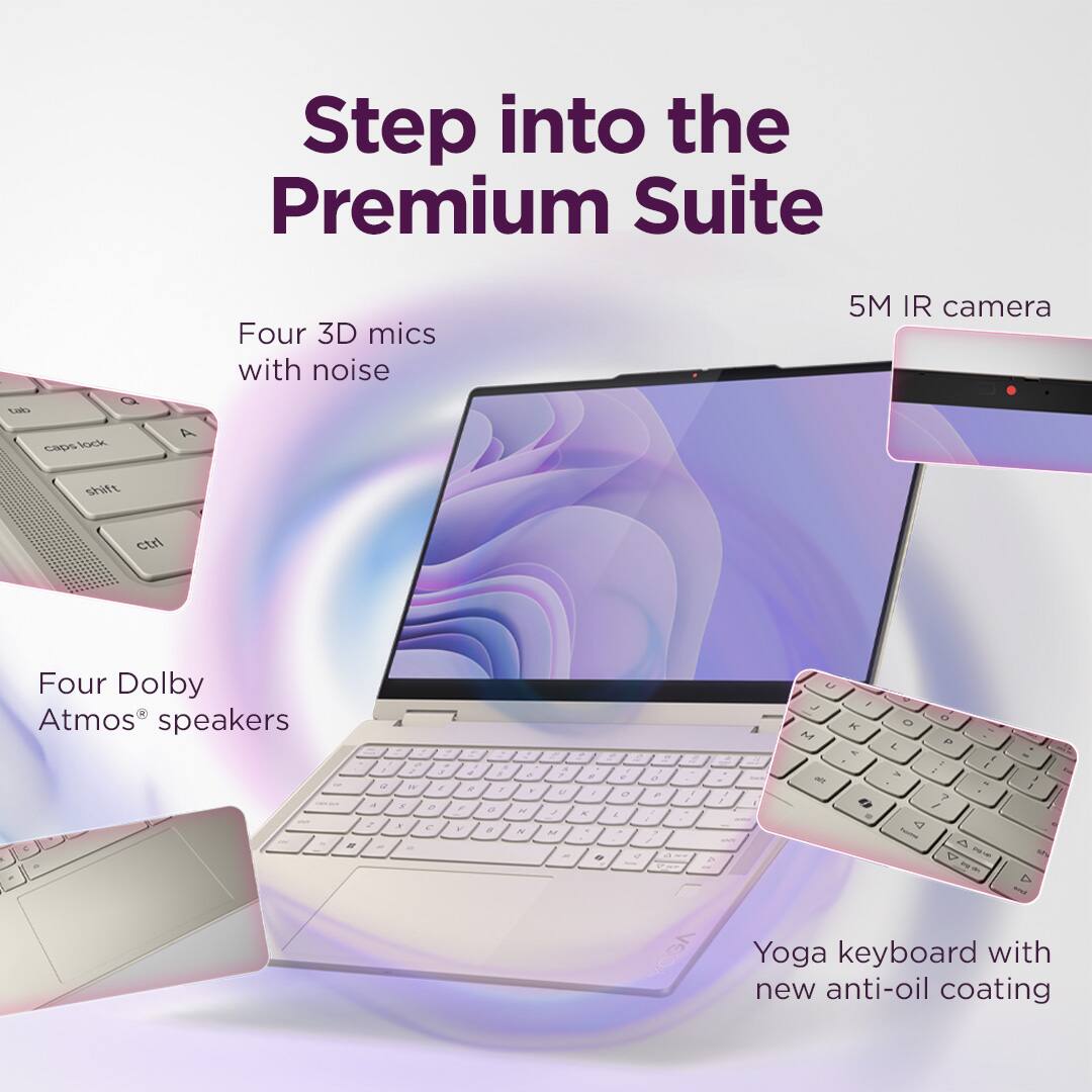 Step into the Premium Suite

Four 3D mics with noise
5M IR camera
Four Dolby Atmos speakers
Yoga keyboard with new anti-oil coating