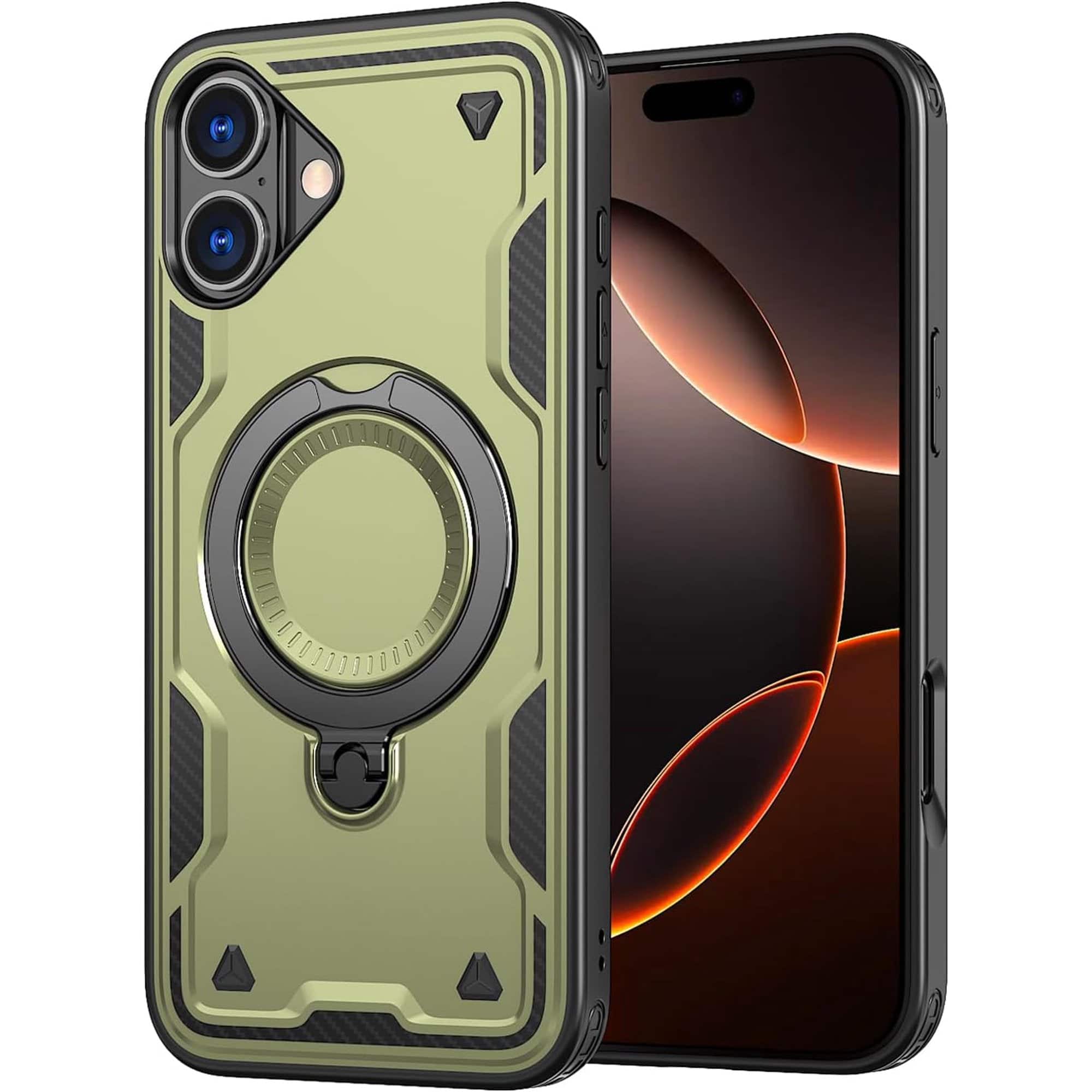 Front. Entronix - Entronix Magnetic Case for iPhone 16 - Rugged Armor with Kickstand and Grip - Green.