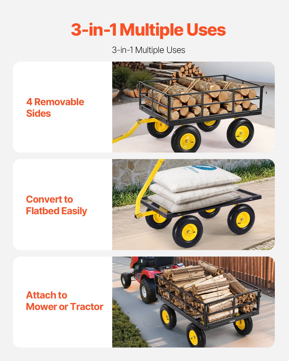 3-in-1 Multiple Uses
3-in-1 Multiple Uses
4 Removable Sides
Convert to Flatbed Easily
Attach to Mower or Tractor
