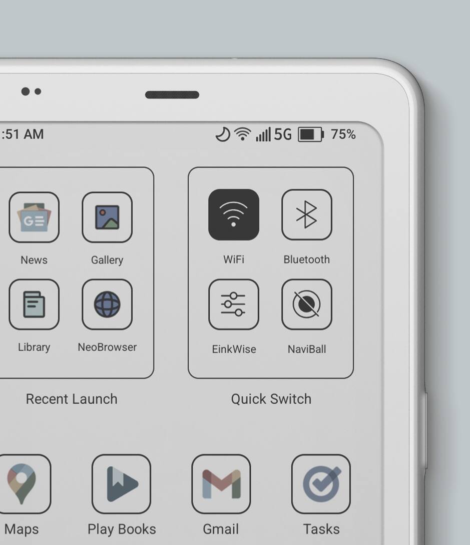 Sure, here is the corrected and grouped text from the image:

**Top Bar:**
- 5:51 AM
- 5G
- 75%

**App Icons:**
- News
- Gallery
- WiFi
- Bluetooth
- Library
- NeoBrowser
- EinkWise
- NaviBall
- Recent Launch
- Quick Switch
- Maps
- Play Books
- Gmail
- Tasks