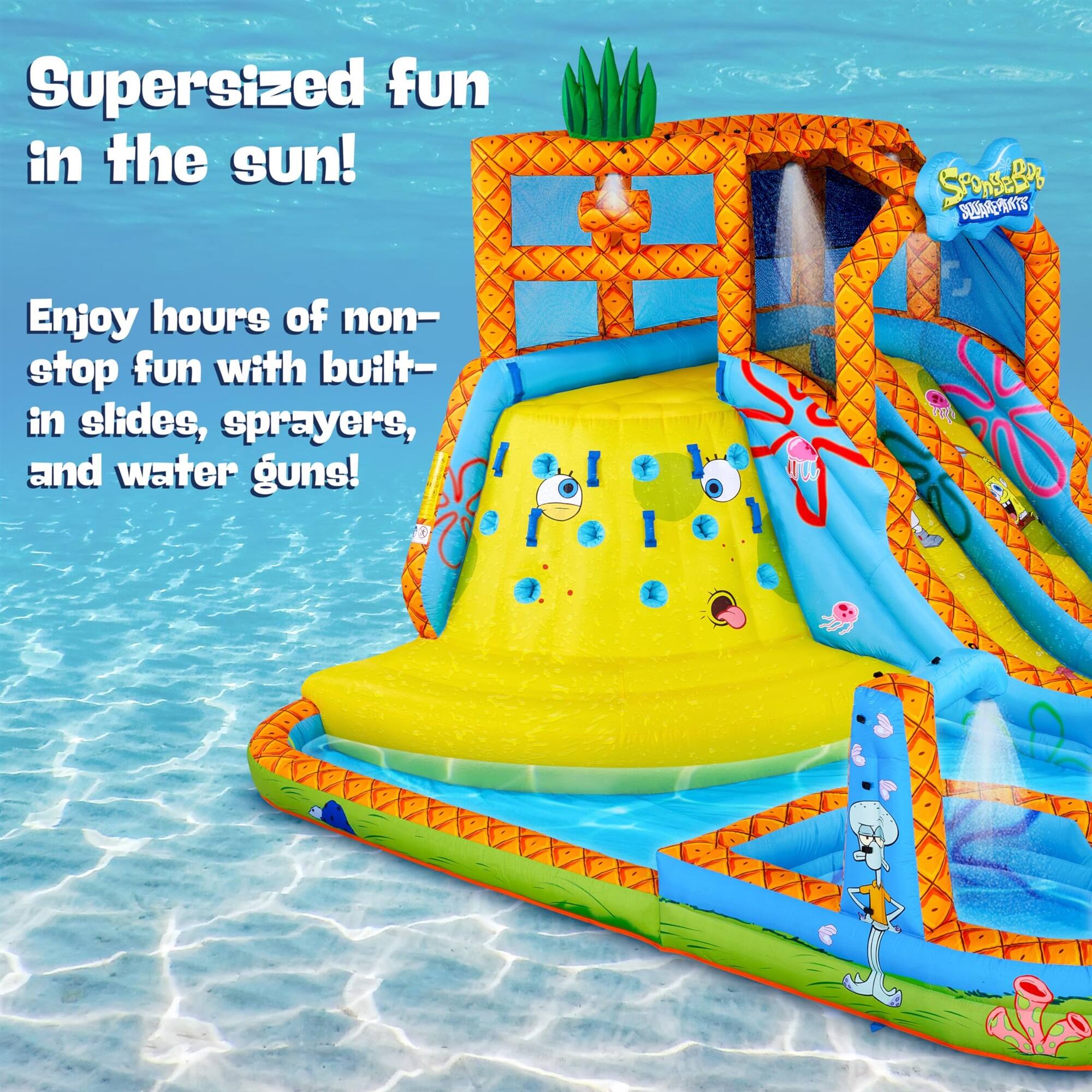 Supersized fun in the sun! Enjoy hours of non-stop fun with built-in slides, sprayers, and water guns!