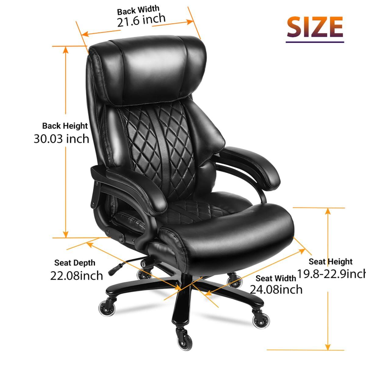 Back Width: 21.6 inch  
Back Height: 30.03 inch  
Seat Depth: 22.08 inch  
Seat Height: 24.08 inch  
Seat Width: 19.8-22.9 inch