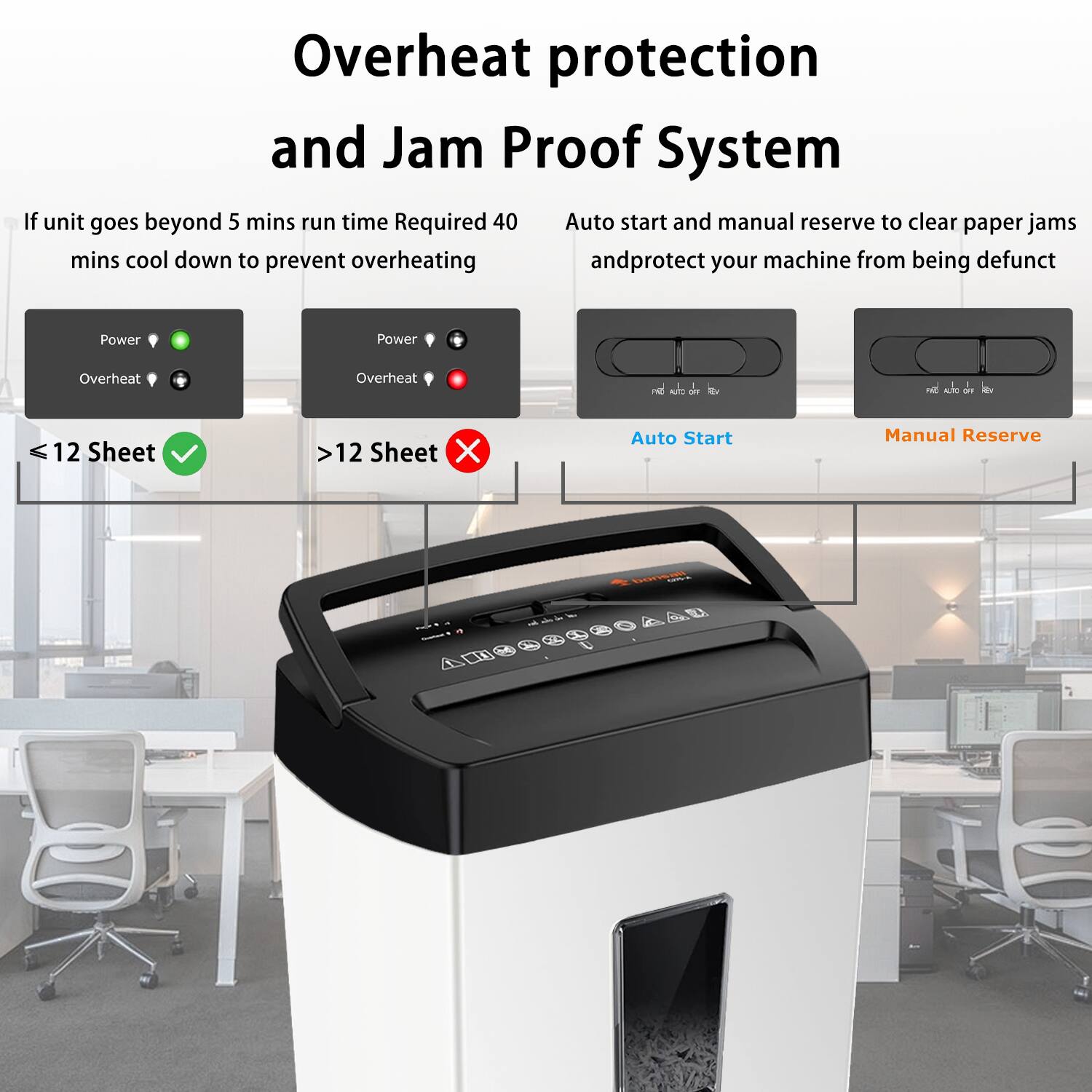 Overheat protection and Jam Proof System

If unit goes beyond 5 mins run time, Required 40 mins cool down to prevent overheating

Power Overheat
≤ 12 Sheet ✔️
> 12 Sheet ❌

Auto start and manual reserve to clear paper jams and protect your machine from being defunct

Auto Start
Manual Reserve
