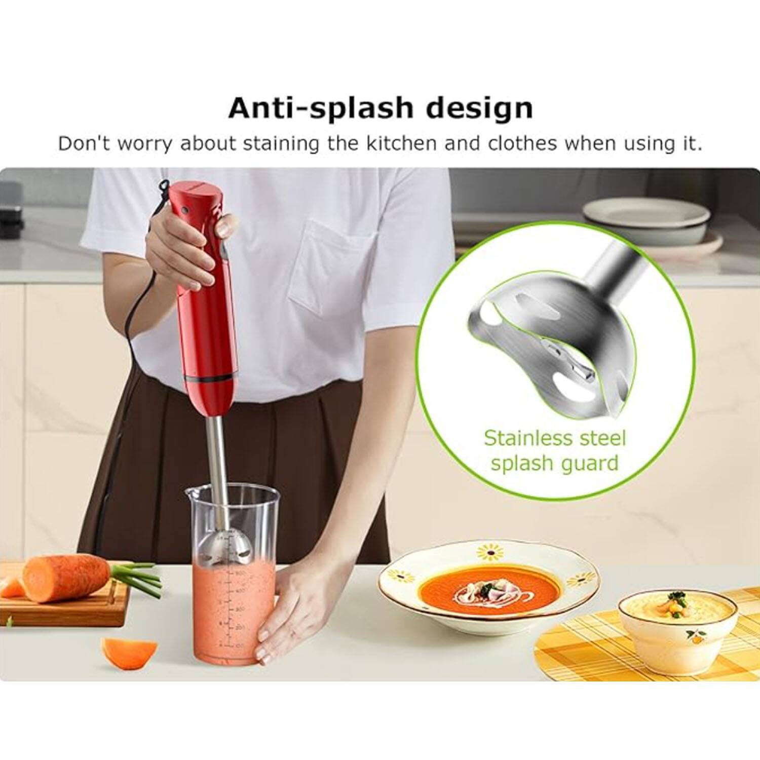 Anti-splash design  
Don't worry about staining the kitchen and clothes when using it.  
Stainless steel splash guard