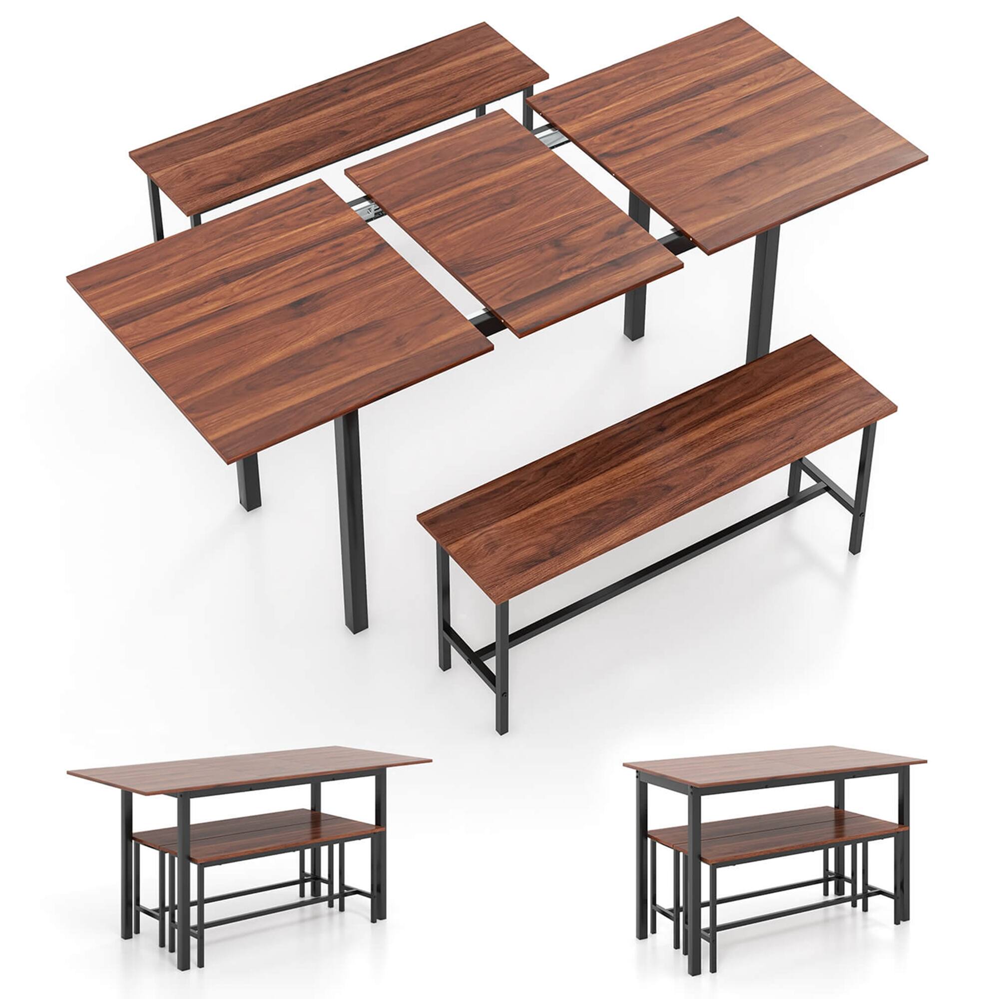 Alt View 17. Costway - 3 Piece Dining Table Set for 4-6  63"Kitchen Table with 2 Benches Metal Frame Walnut - Walnut.