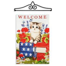 G128 - Garden Flag Hanger 14in with 12 x 18 in Double-Sided Blockout Flag, Welcome Kitten Patriotic - Multicolor