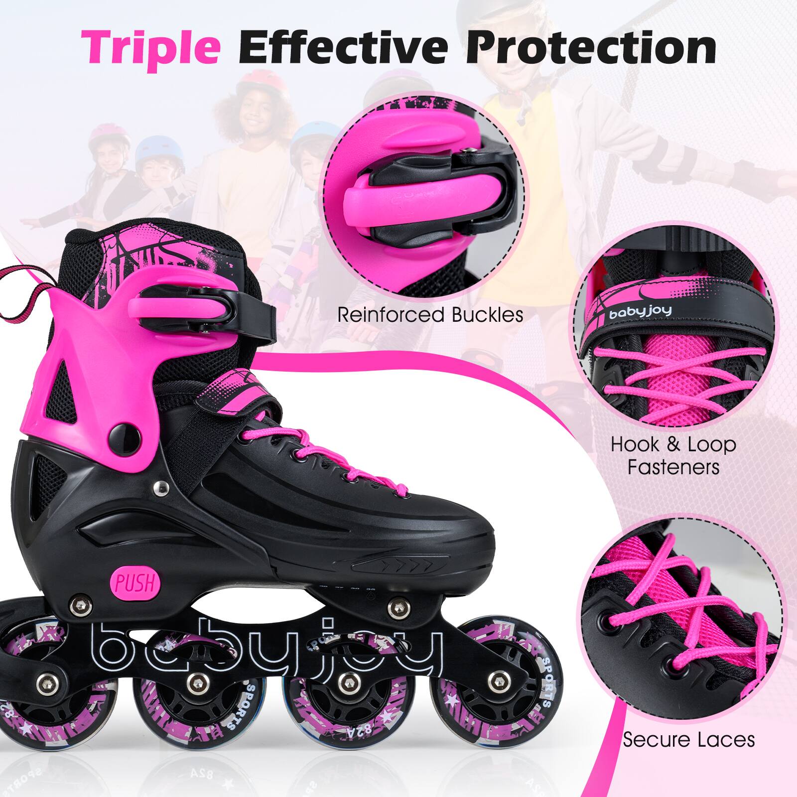 Triple Effective Protection

- Reinforced Buckles
- Hook & Loop Fasteners
- Secure Laces