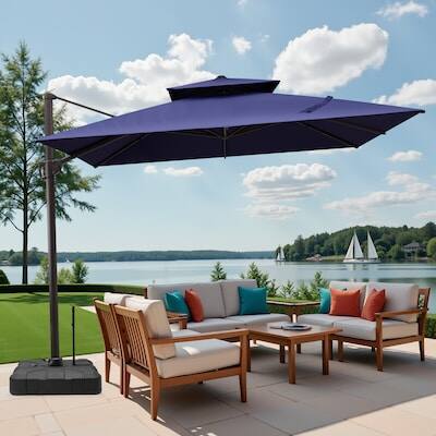 Alt View 7. Crestlive Products - Crestlive Products 11x11ft Aluminum Double Top Crank Cantilever Patio Umbrella with Base - Navy blue.