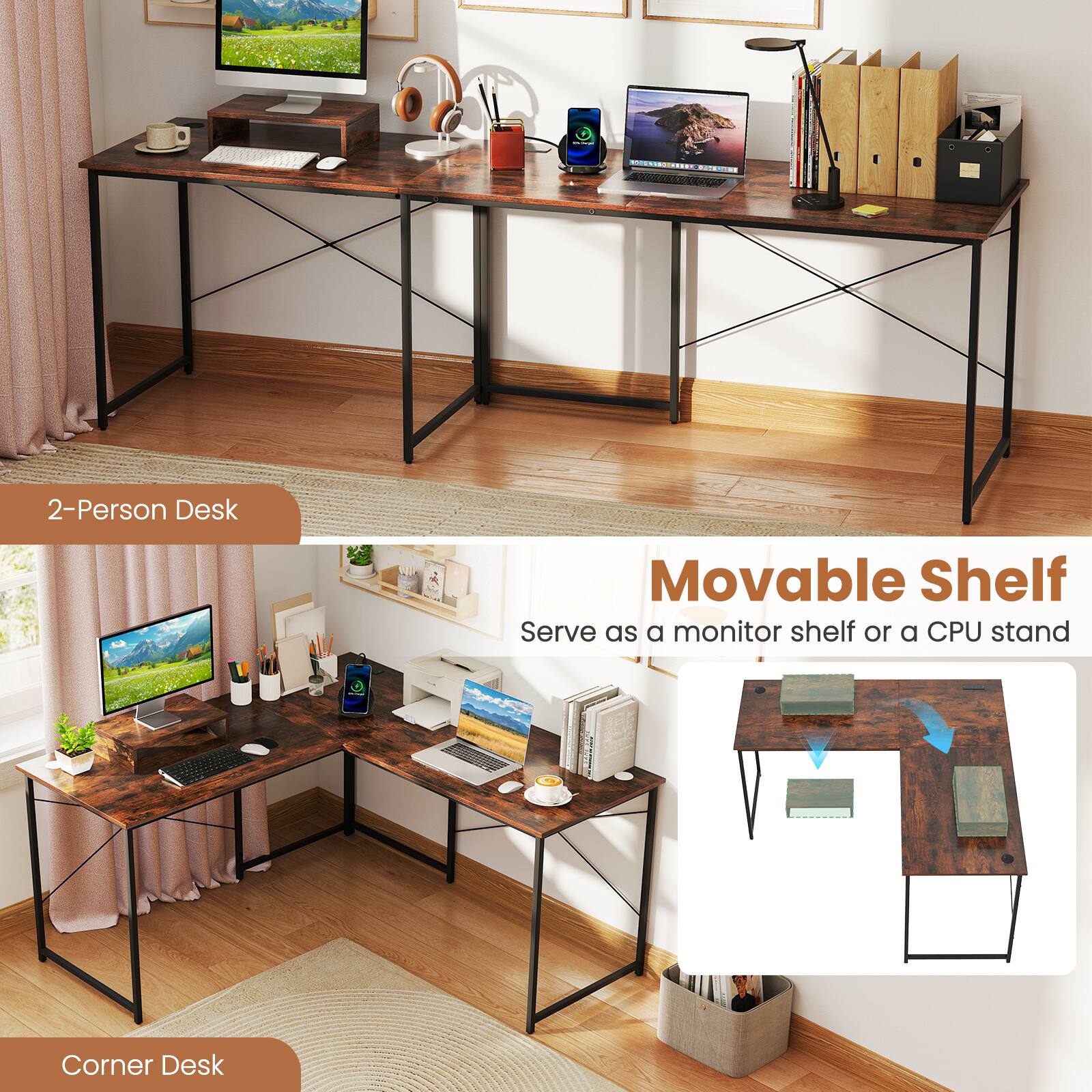2-Person Desk, Corner Desk, Movable Shelf, Serve as a monitor shelf or a CPU stand