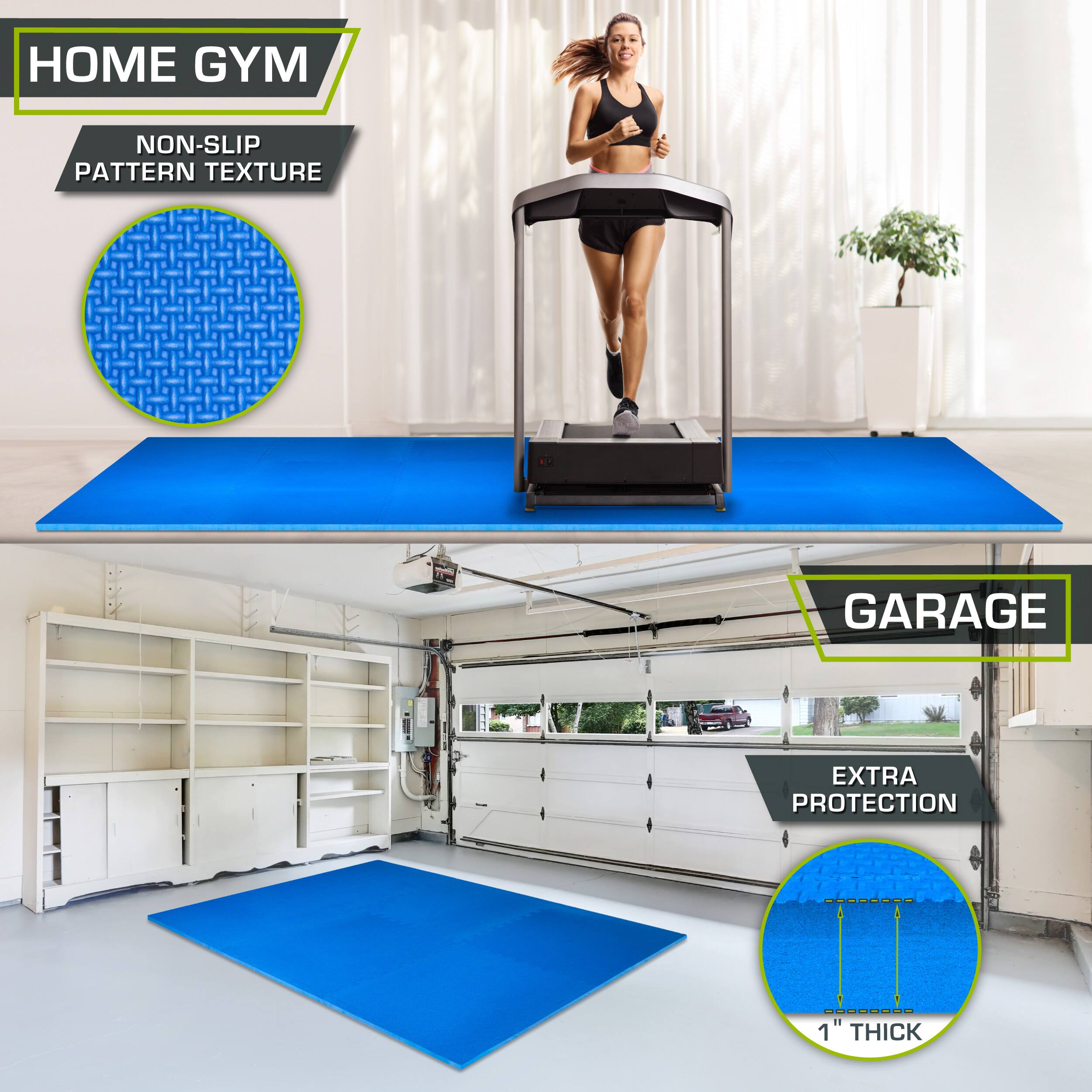 The corrected text from the image is:

- HOME GYM
- NON-SLIP PATTERN TEXTURE
- GARAGE
- EXTRA PROTECTION
- 1" THICK
