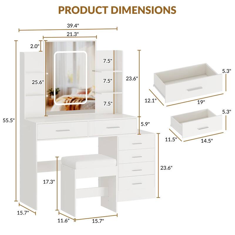 PRODUCT DIMENSIONS

- 39.4" (Width)
- 21.3" (Depth)
- 2.0" (Thickness)
- 25.6" (Height)
- 55.5" (Total Height)
- 17.3" (Leg Height)
- 15.7" (Leg Width)
- 11.6" (Leg Width)
- 23.6" (Drawer Width)
- 19" (Drawer Width)
- 14.5" (Drawer Width)
- 12.1" (Drawer Width)
- 5.3" (Drawer Height)
- 5.3" (Drawer Height)
- 5.9" (Drawer Height)
- 11.5" (Drawer Height)
- 7.5" (Shelf Height)
- 7.5" (Shelf Height)
- 7.5" (Shelf Height)
