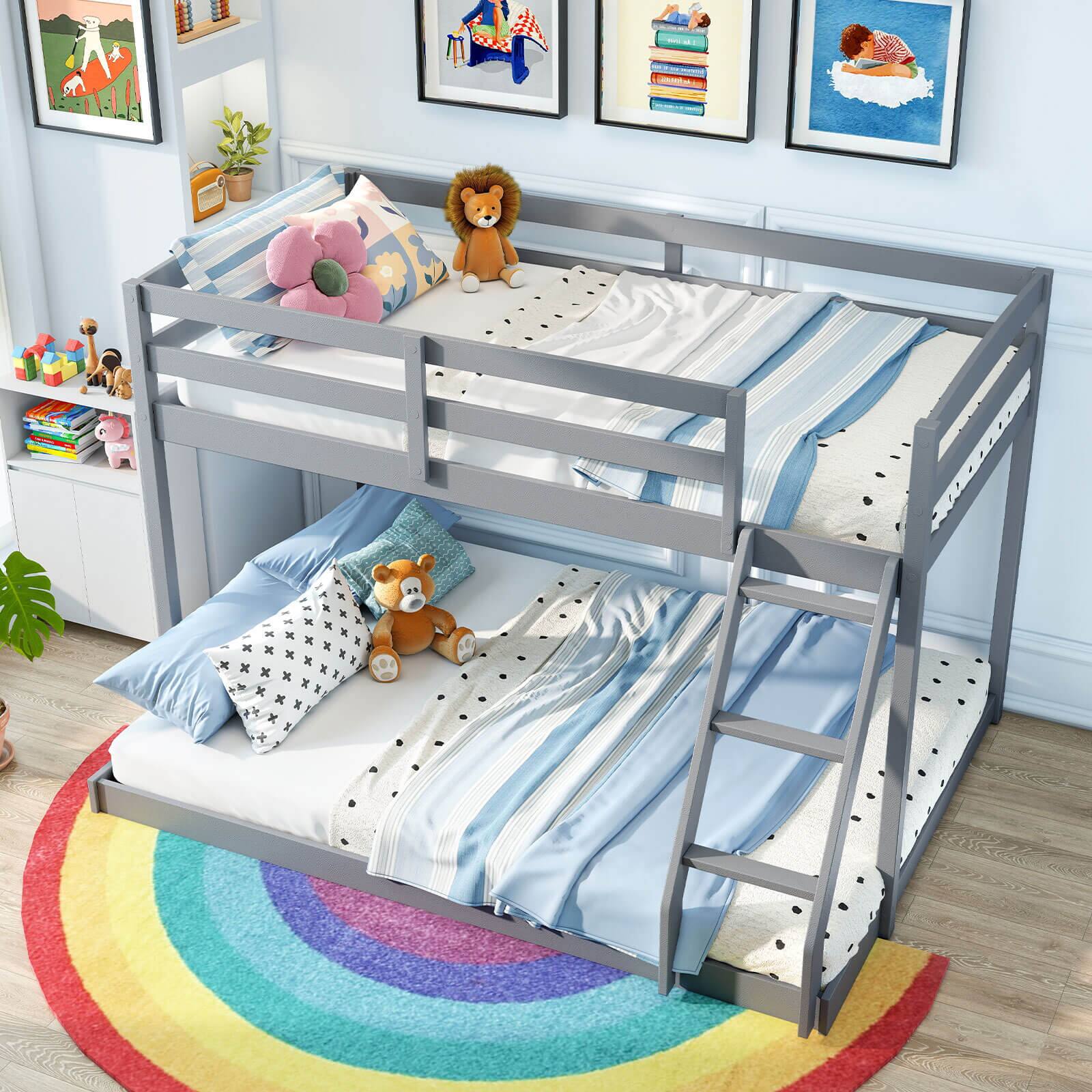 Alt View 3. Costway - Costway Twin Over Full Bunk Bed with Integrated Ladder & Safety Guardrails Solid Wood - Gray.