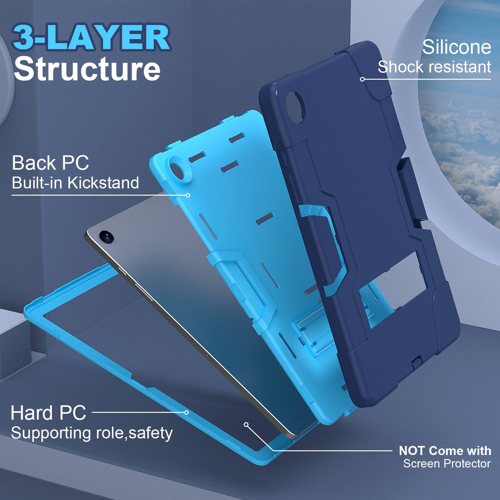 3-LAYER Structure Silicone Shock resistant Back PC Built-in Kickstand Hard PC Supporting role, safety NOT Come with Screen Protector
