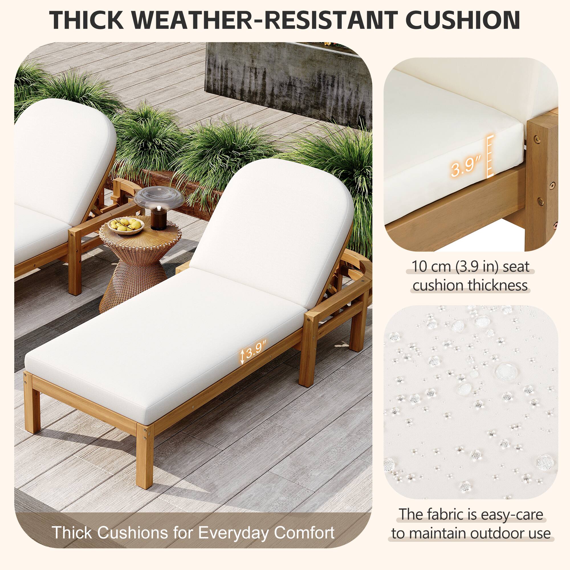 THICK WEATHER-RESISTANT CUSHION

10 cm (3.9 in) seat cushion thickness

13.9" Thick Cushions for Everyday Comfort

The fabric is easy-care to maintain outdoor use