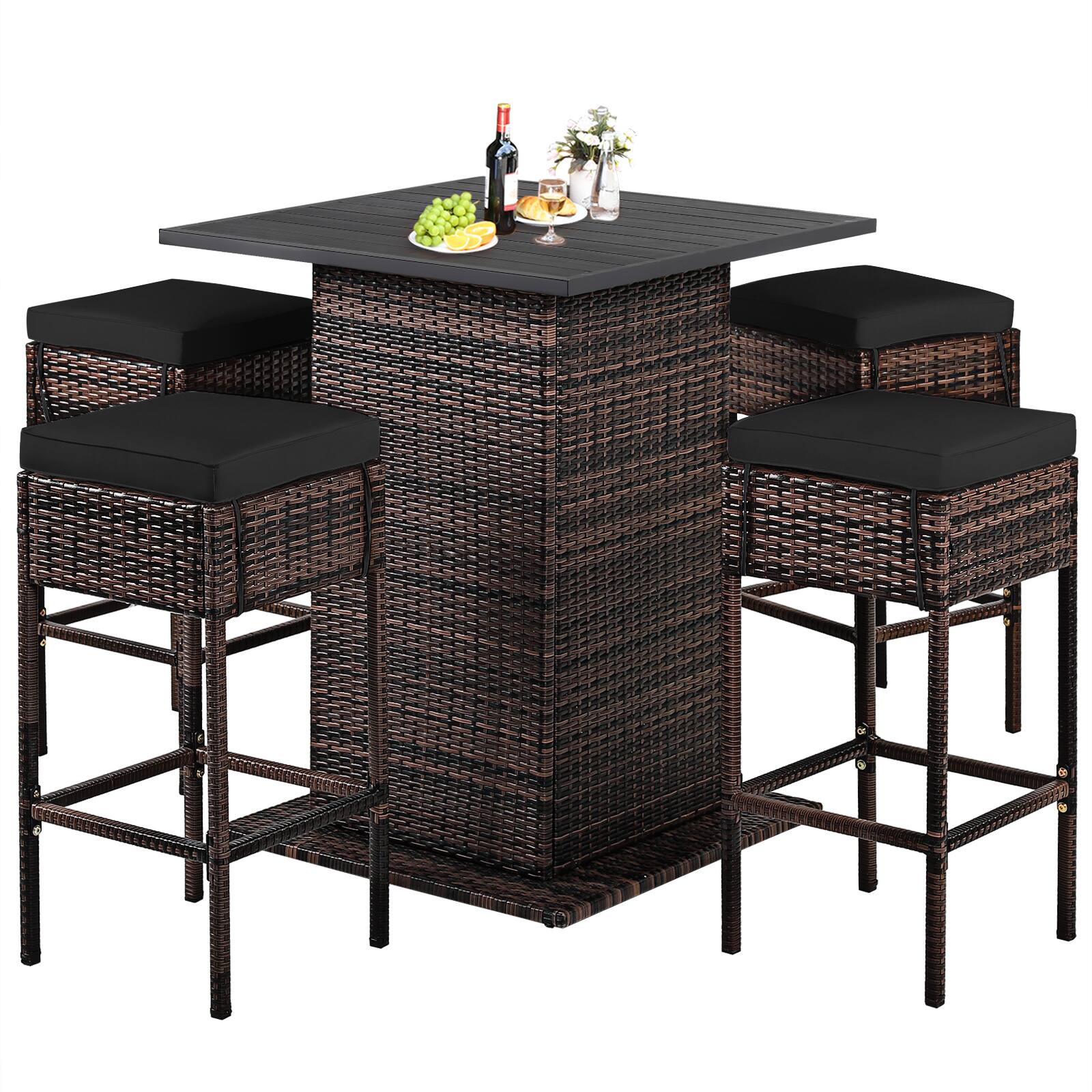 Alt View 5. Gymax - Gymax 5PCS Patio Rattan Bar Table Stool Set Hidden Storage Shelf Cushion Red Patio Black - Black.