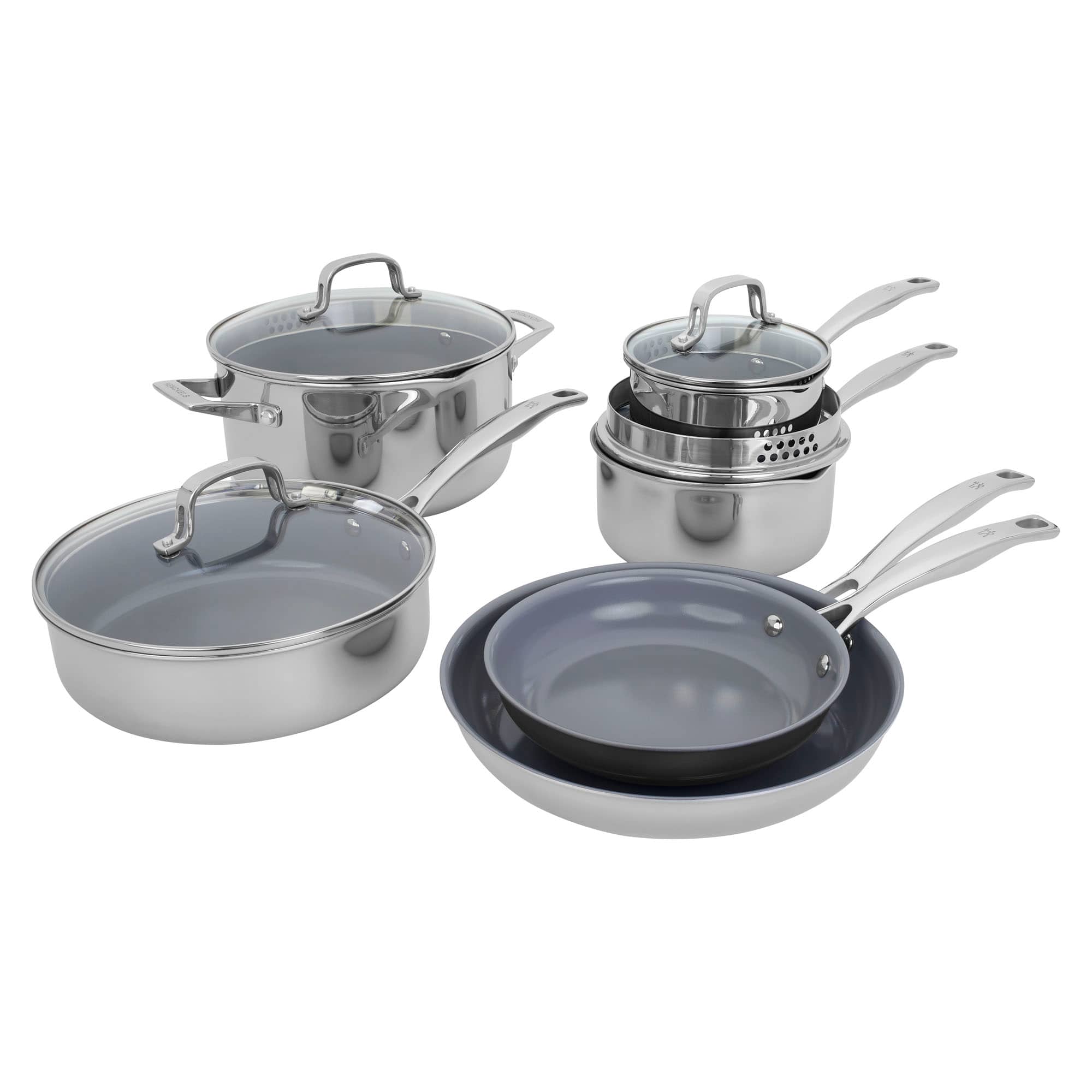 Henckels - Clad H3 10-pc Ceramic Nonstick Cookware Set - Stainless Steel