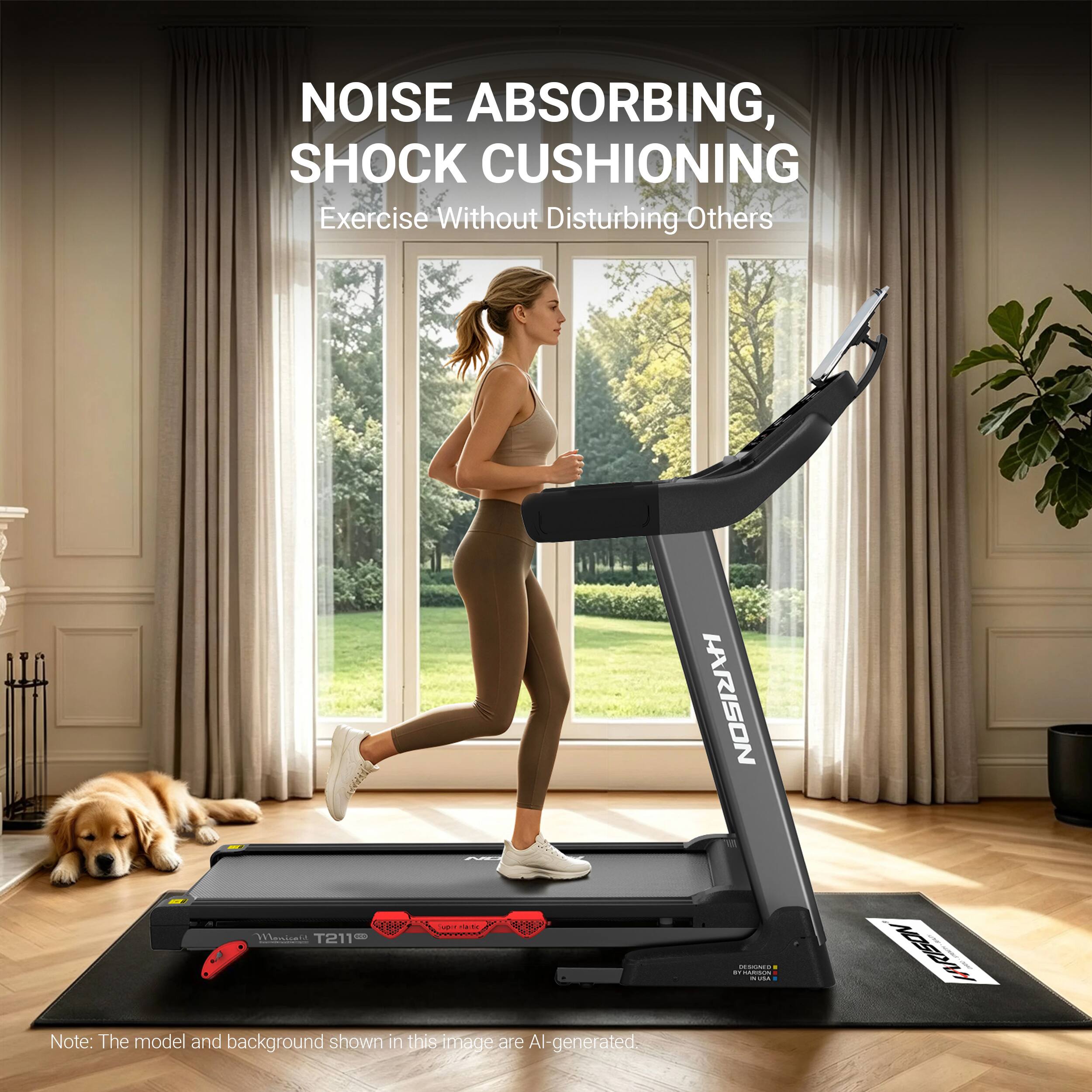 NOISE ABSORBING, SHOCK CUSHIONING  
Exercise Without Disturbing Others

NO Monicafa T211CE  
Note: The model and background shown in this image are AI-generated.

HARISON OCEIONED on fr CARION  
WWW.PER