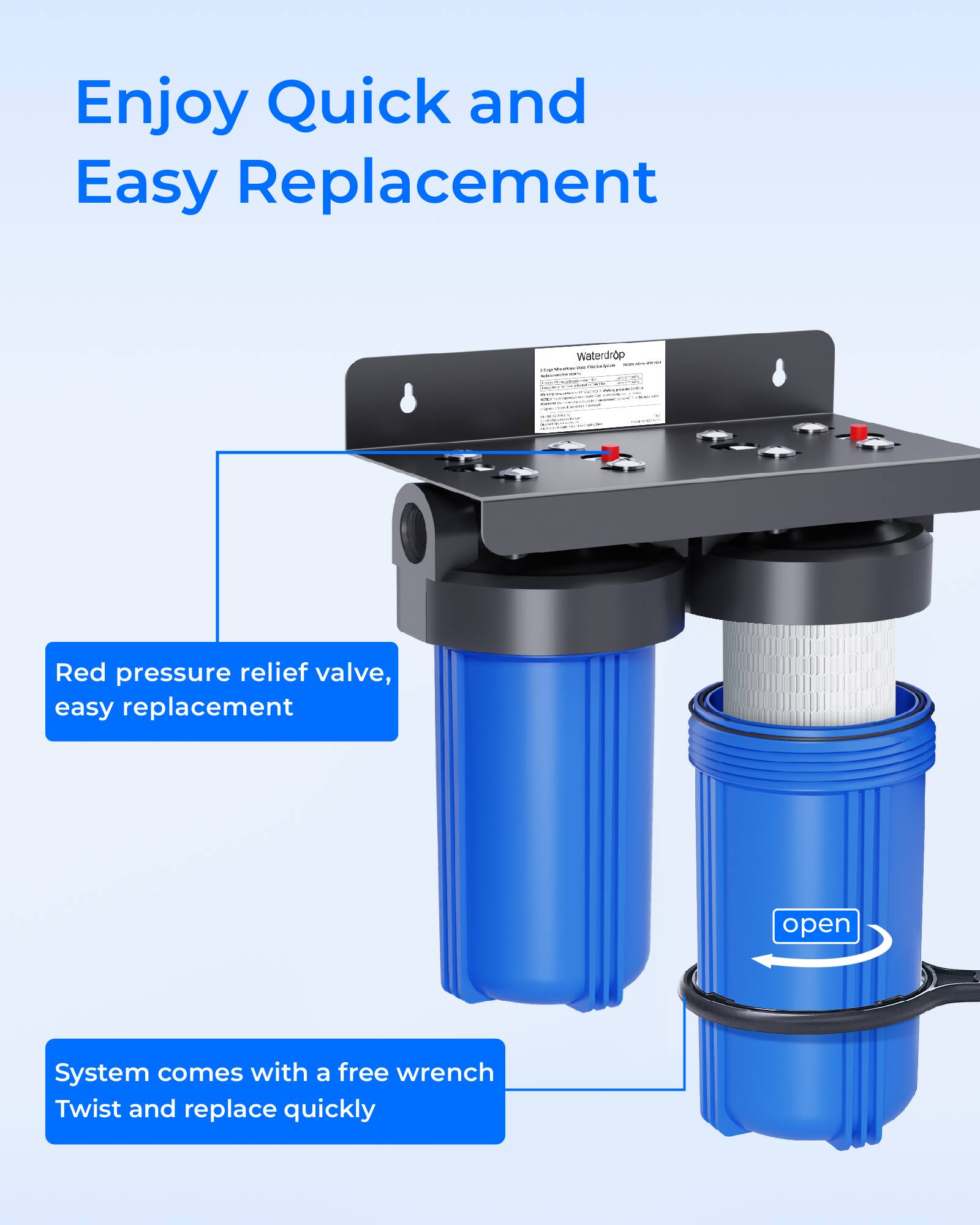 Enjoy Quick and Easy Replacement

- Red pressure relief valve, easy replacement
- System comes with a free wrench, Twist and replace quickly