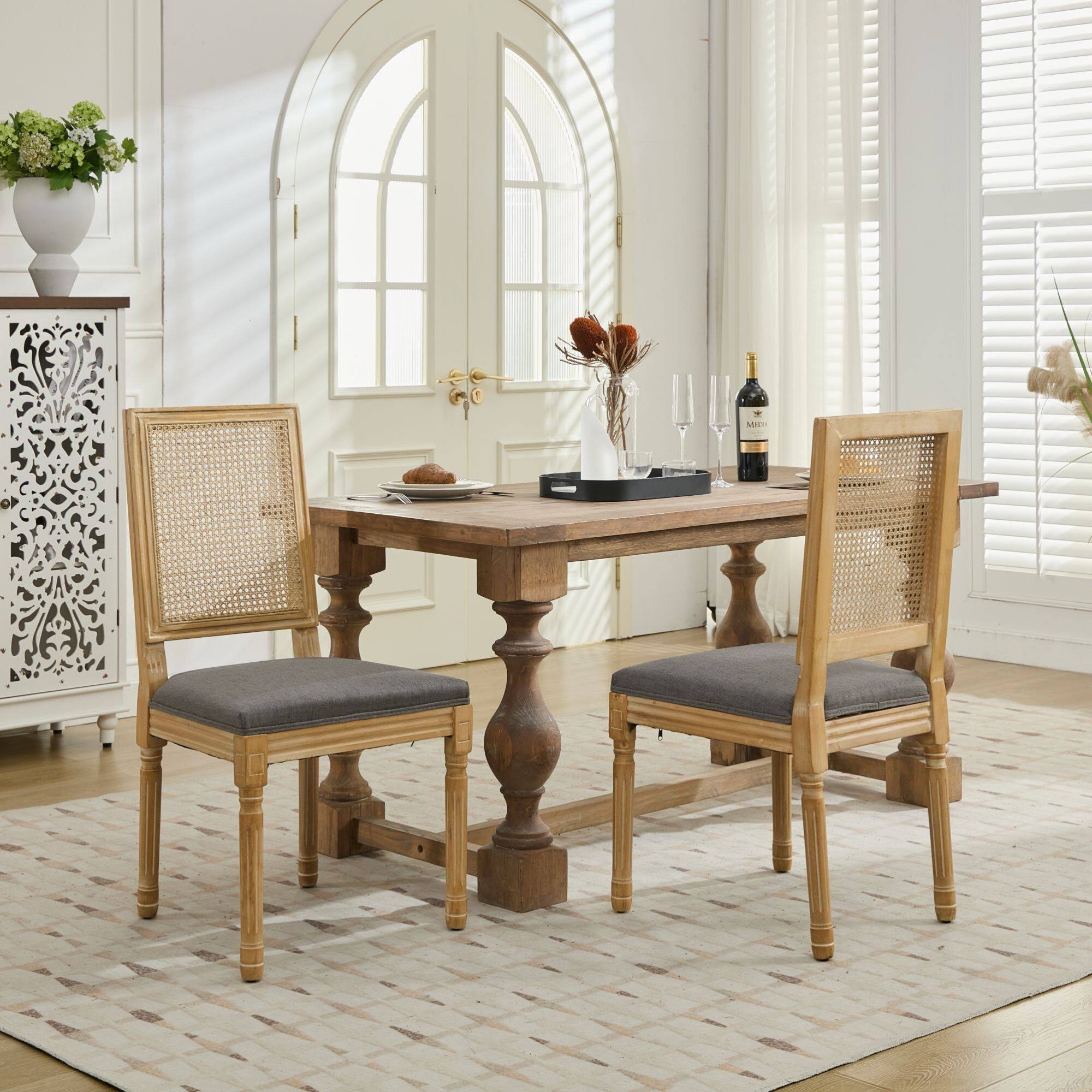 Alt View 10. GOODSILO - French-Inspired Dining Chairs Set of 2 with Rattan Backrest and Solid Wood Frame for Elegant Home Decor - Gray.