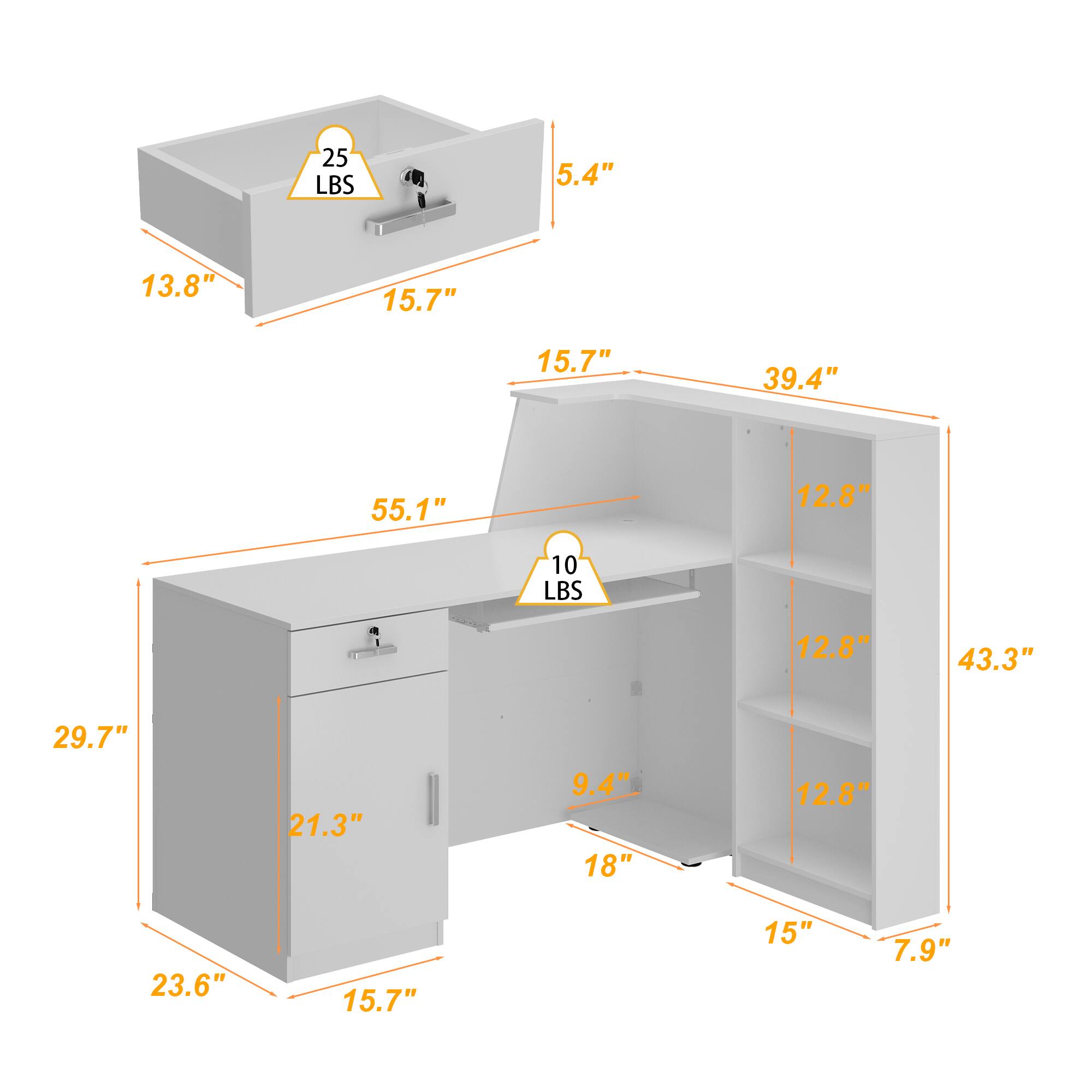 25 LBS 5.4" 13.8" 15.7" 15.7" 39.4" 55.1" 10 LBS 12.8" 43.3" 29.7" 21.3" 9.4" 18" 12.8" 23.6" 15.7" 15" 7.9"