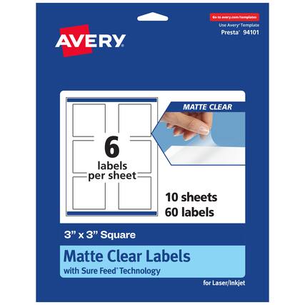 Go to avery.com/templates
Use Avery Template Presta® 94101
MATTE CLEAR
6 labels per sheet
10 sheets
60 labels
3" x 3" Square
Matte Clear Labels
with Sure Feed® Technology
for Laser/Inkjet