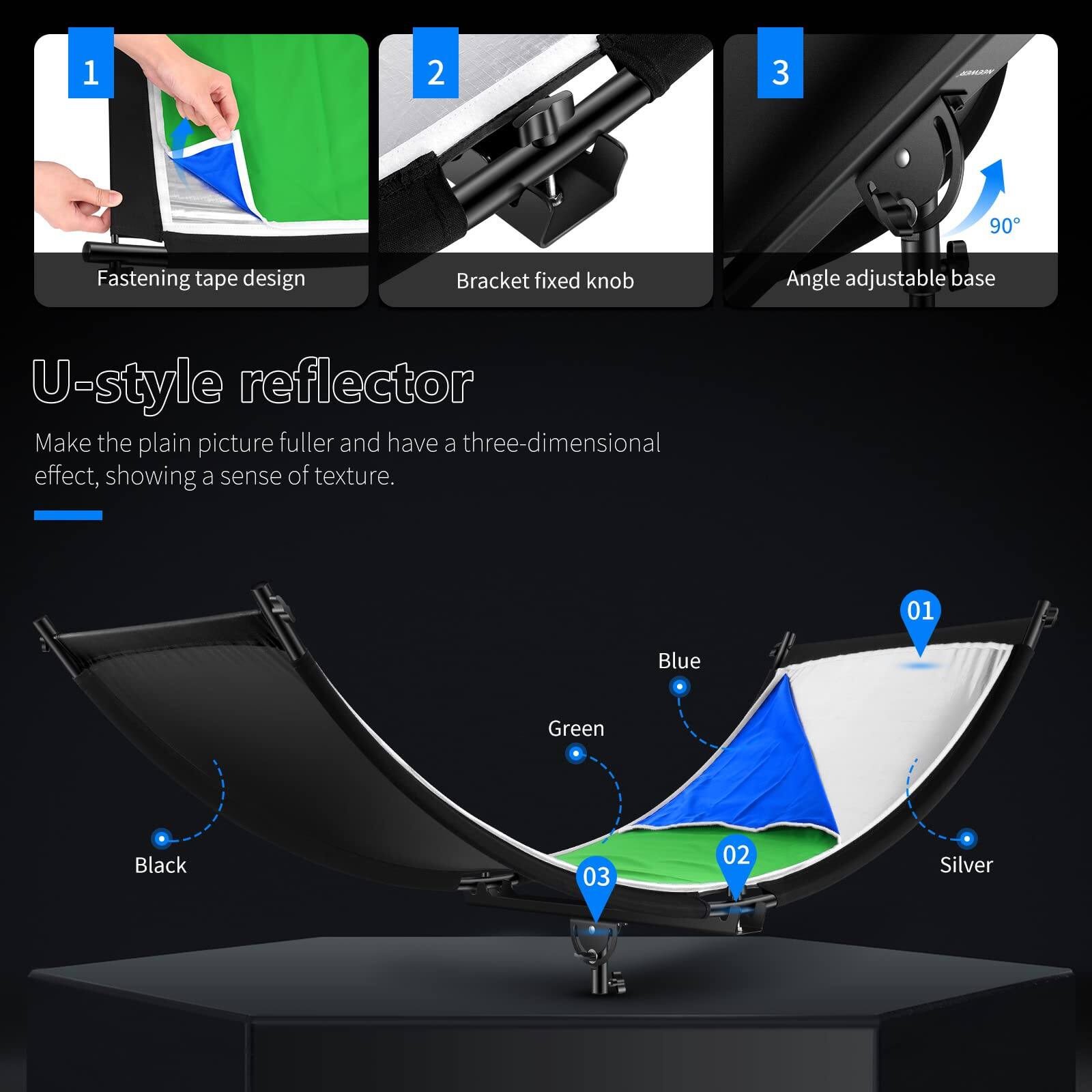 1. Fastening tape design
2. Bracket fixed knob
3. Angle adjustable base

90°

U-style reflector

Make the plain picture fuller and have a three-dimensional effect, showing a sense of texture.

01 Blue
02 Green
03 Black
04 Silver