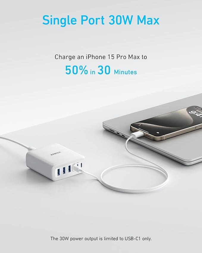 Single Port 30W Max

Charge an iPhone 15 Pro Max to 50% in 30 Minutes

The 30W power output is limited to USB-C1 only.