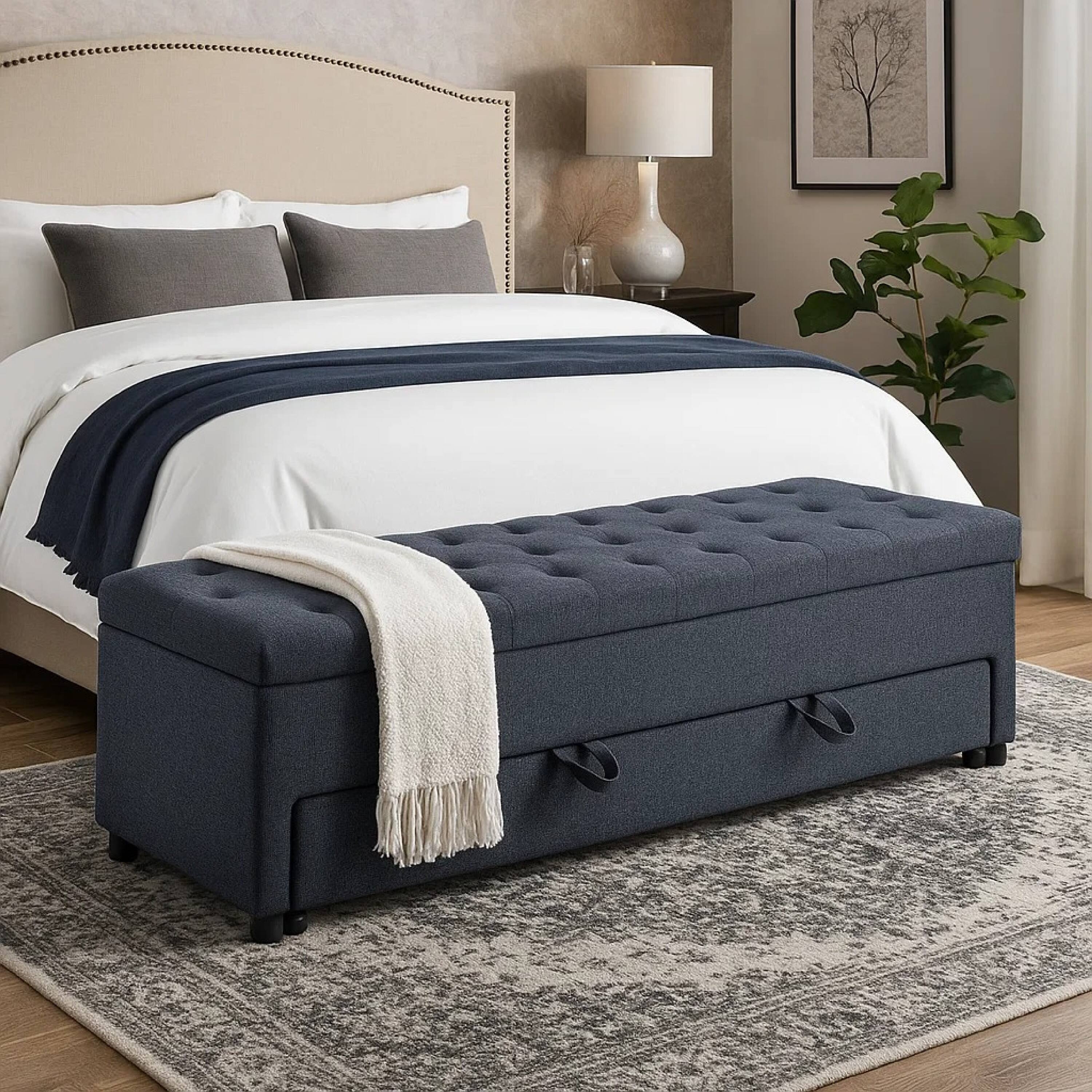Alt View 5. Manhattan Lane - Kenny Ottoman, Underseat Drawer, Blue-Gray Button Tufted Boucle, 60 Inch - Blue Gray, Black.