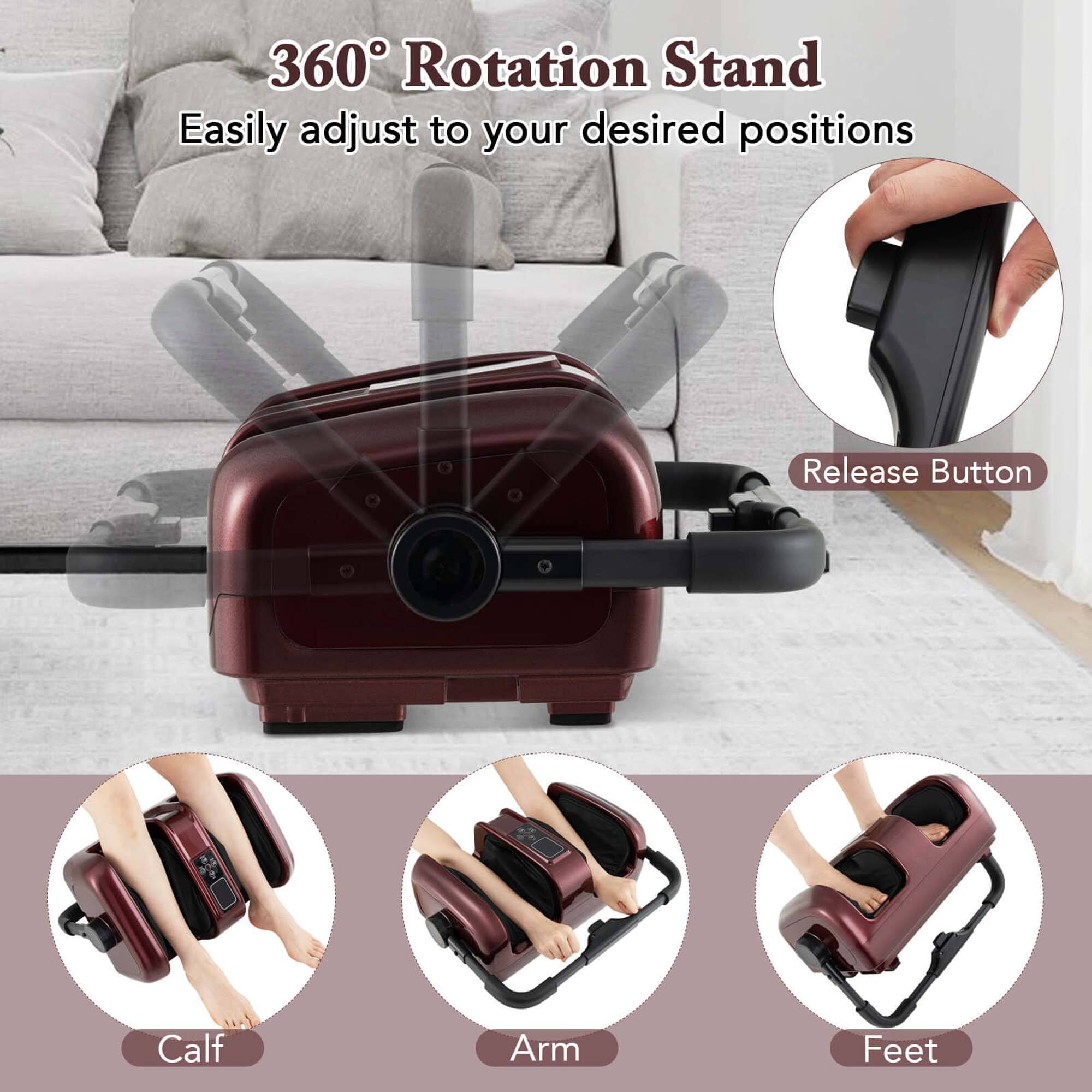 360 Rotation Stand: Easily adjust to your desired positions. Release Button. Calf, Arm, Feet.
