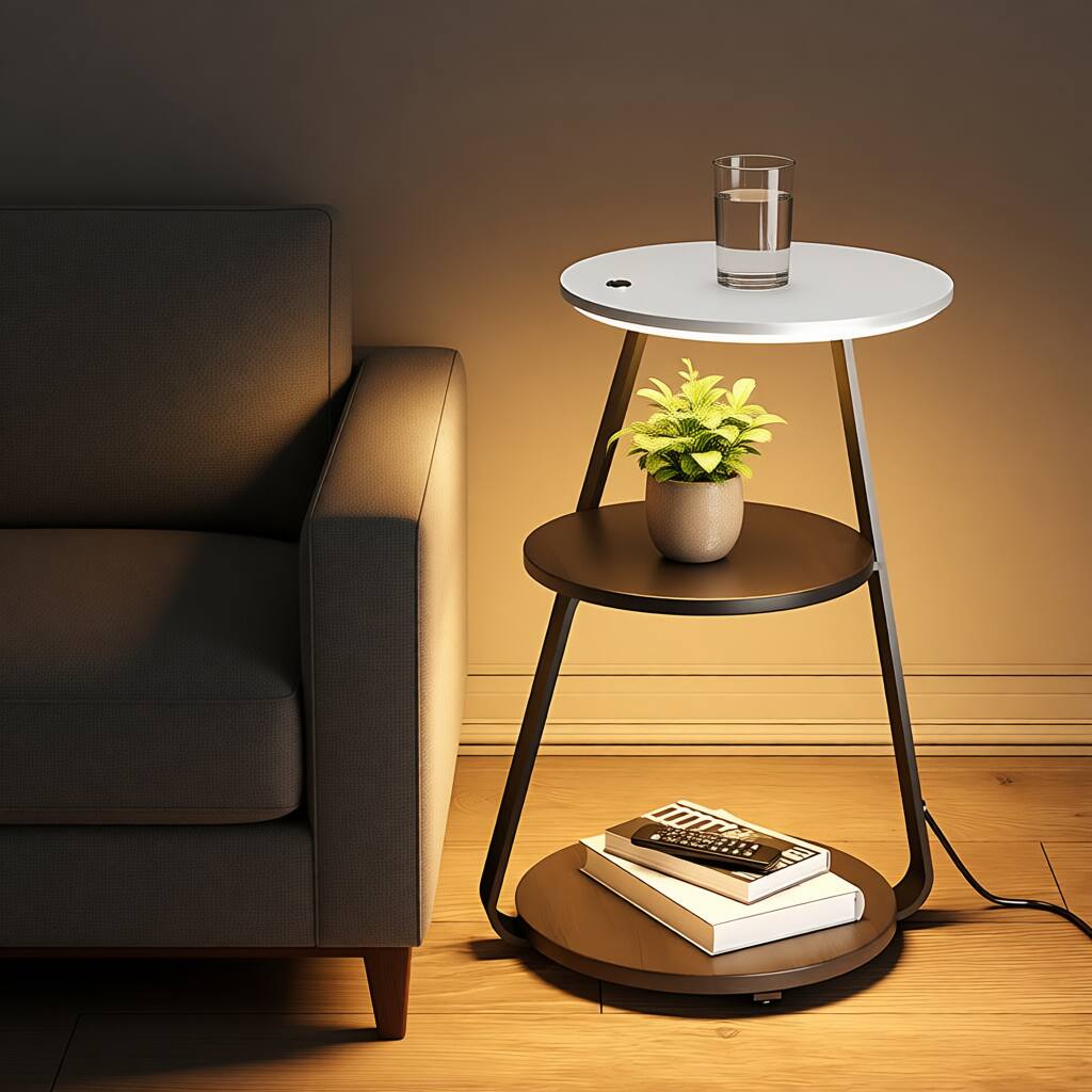 Angle. VIVZONE - 3-Tier Nightstand with Integrated Light and Charging Station - Brown, White.