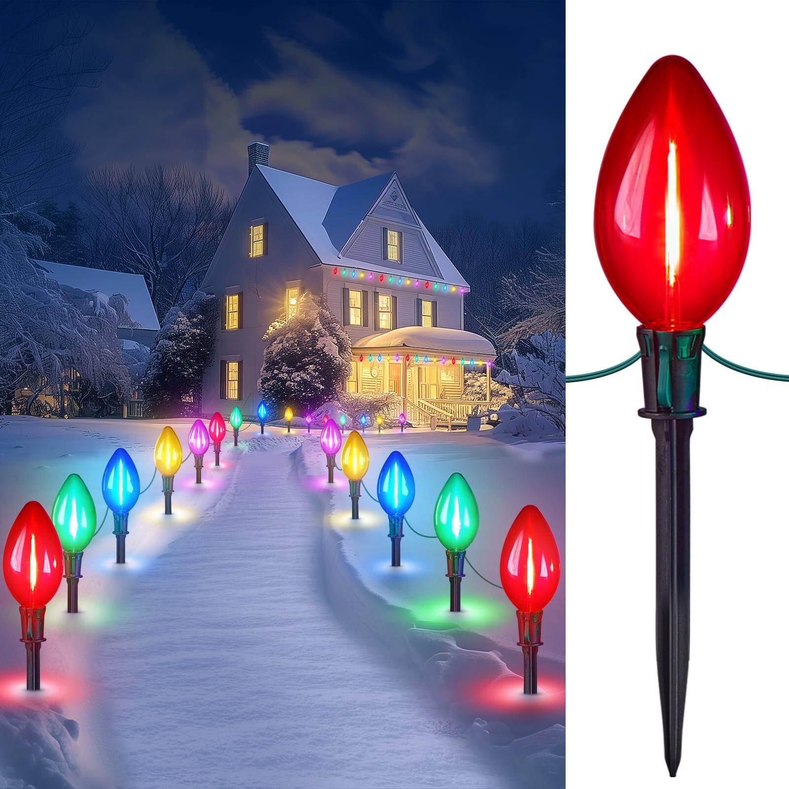 NICHOLAS KLEIN - Christmas Lights C9 Outdoor Lawn Decorations With Pathway Marker Stakes String Covered Multicolored Light Bulb - Multicolor 2 pack double C9