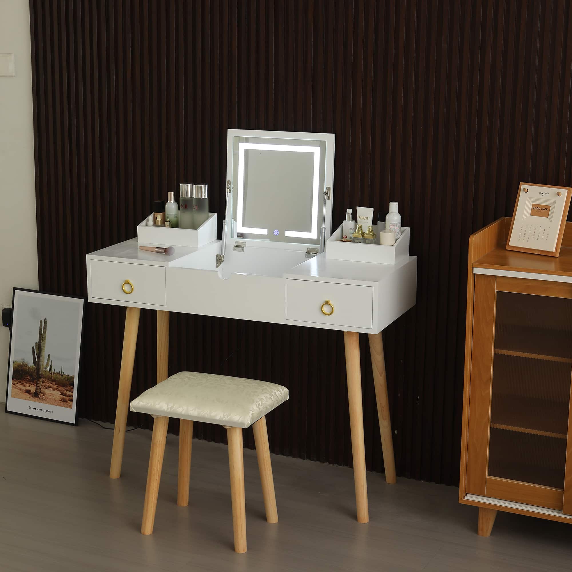 COWLOWN - Vanity Desk Set LED Lighted Mirror Power Outlet Flip Top Drawers Cabinet - Gold White