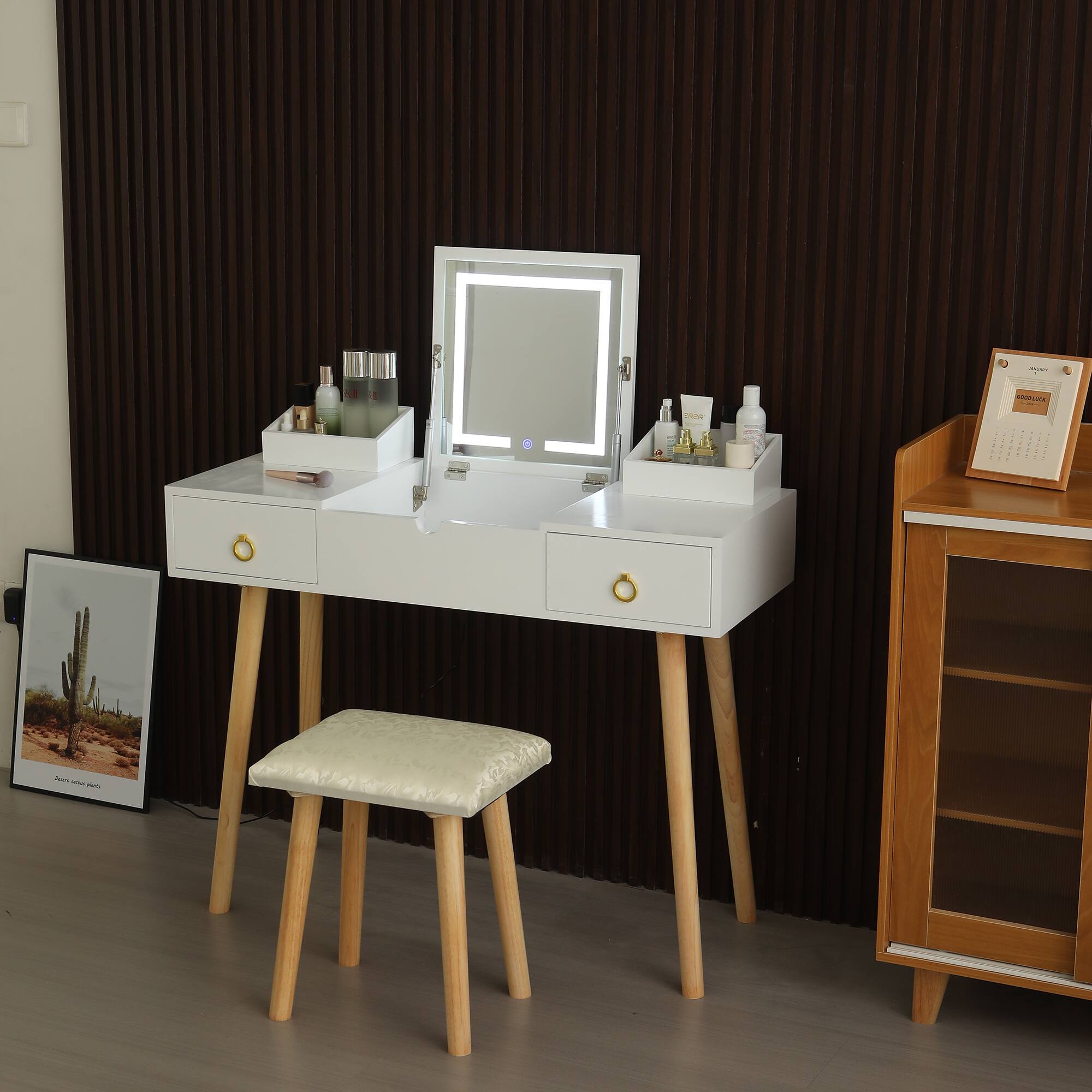 Front. COWLOWN - Vanity Desk Set LED Lighted Mirror Power Outlet Flip Top Drawers Cabinet Gold White - Gold White.