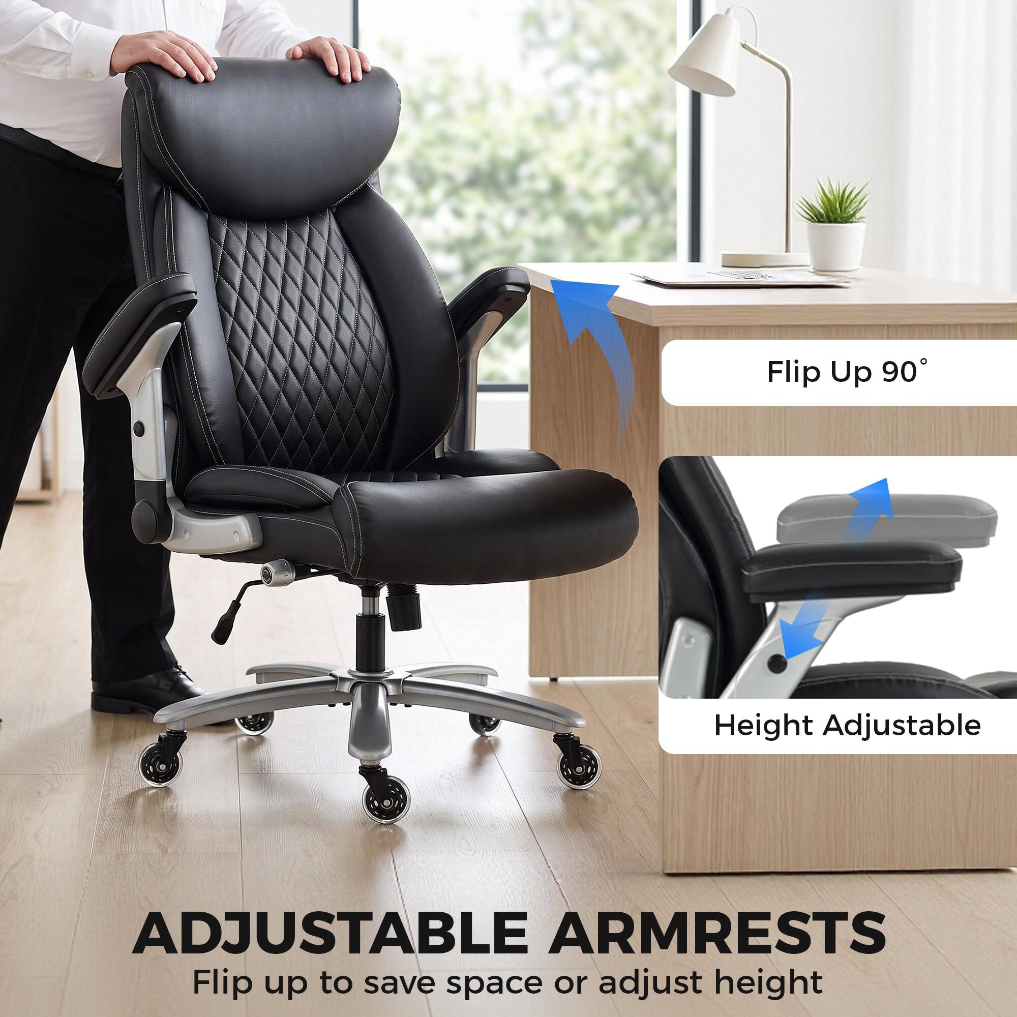 Flip Up 90°  
Height Adjustable  
ADJUSTABLE ARMRESTS  
Flip up to save space or adjust height