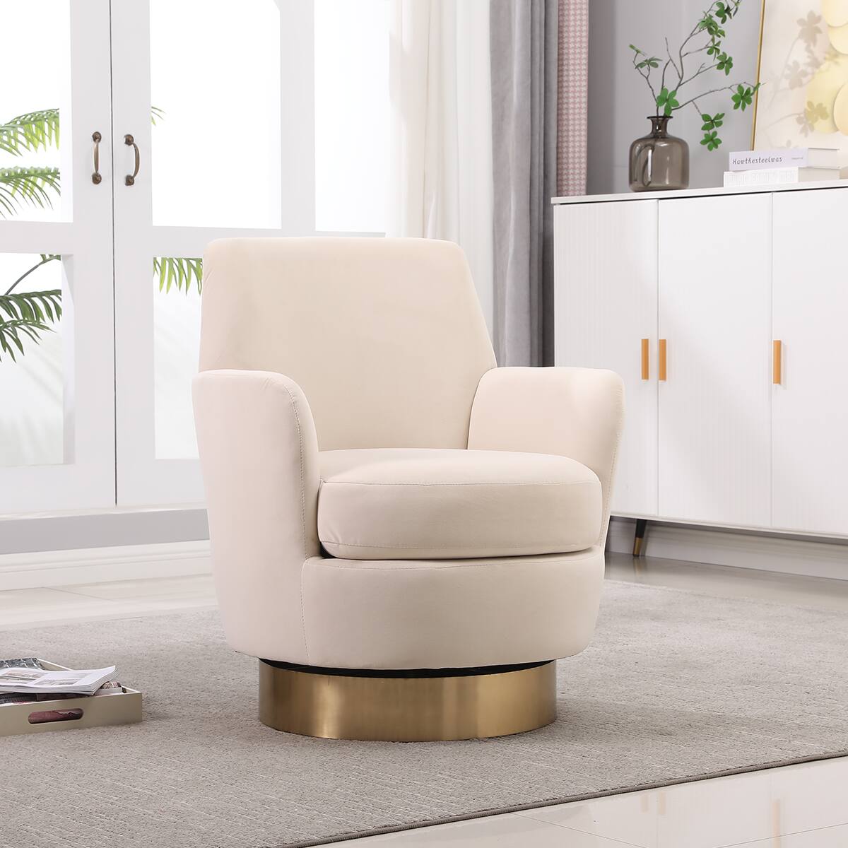 Back. Trinkets Crazed - Swivel Barrel Chair,Modern Comfy Velvet Upholstered Round Swivel Accent Chairst,360 Degree Single Sofa Chair Armchair - Beige.