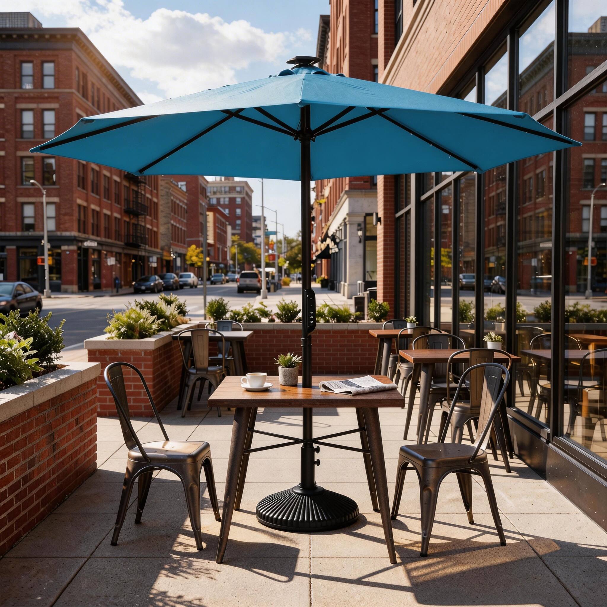 Back. Mondawe - 10ft Electric Patio Umbrella with Remote and LED Light - Blue.