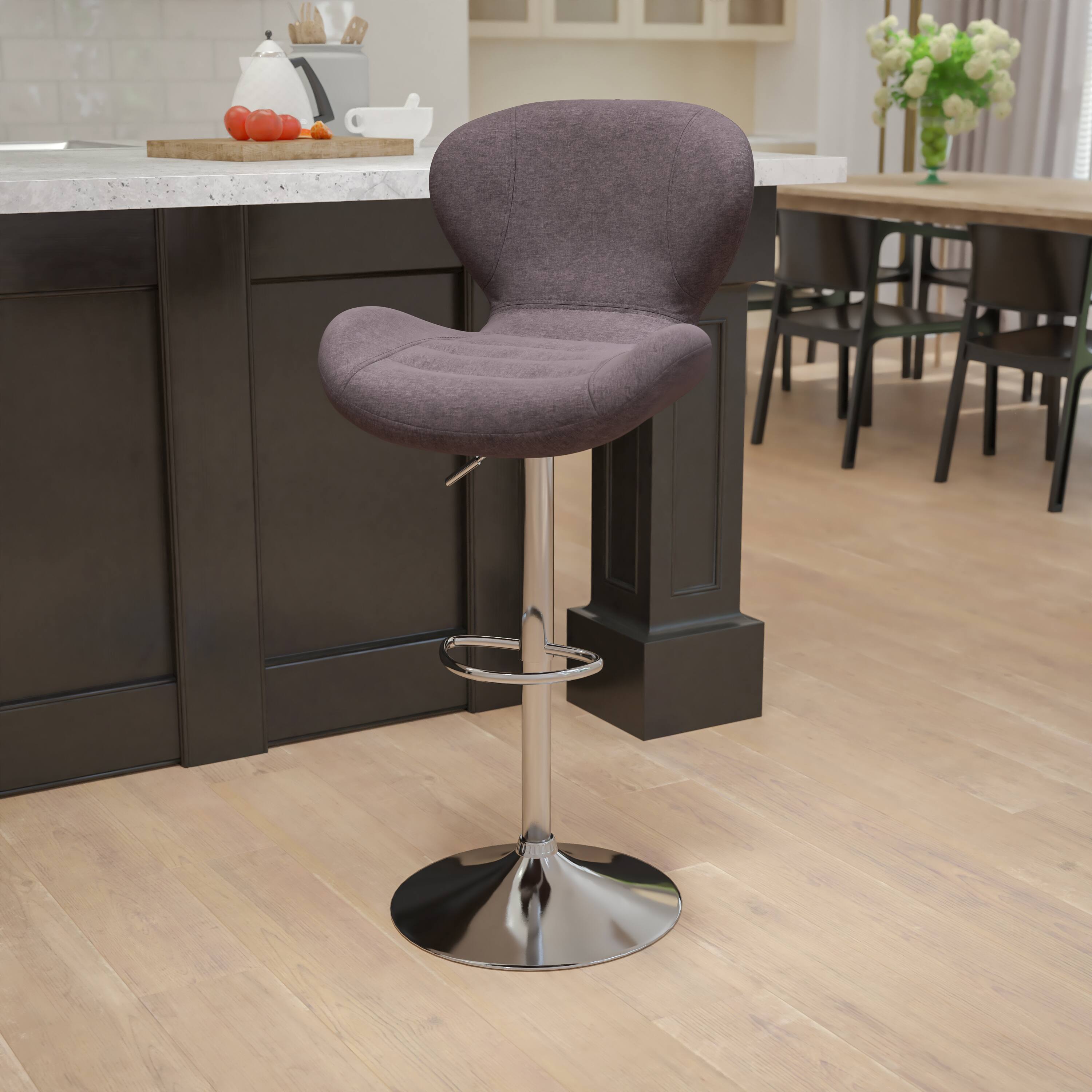Front. Emma + Oliver - Curved Back Swivel Adjustable Height Barstool with Chrome Base - Charcoal Fabric.
