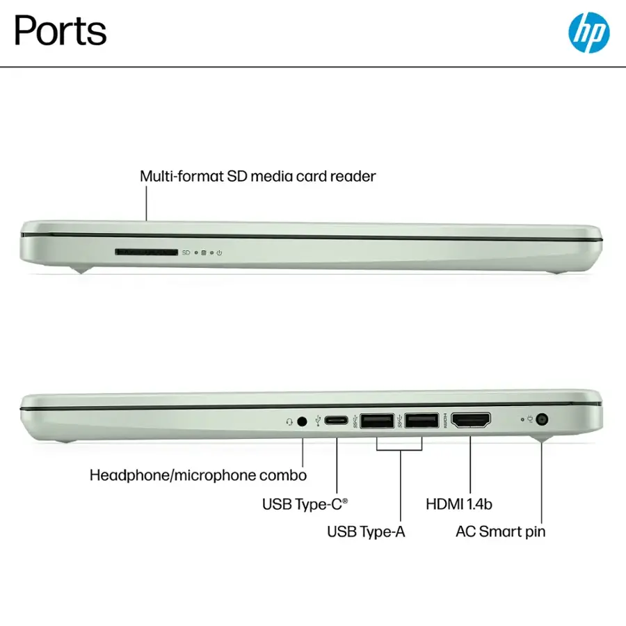 Ports on a laptop include a multi-format SD media card reader, a headphone/microphone combo, USB Type-C, USB Type-A, and an AC smart pin.