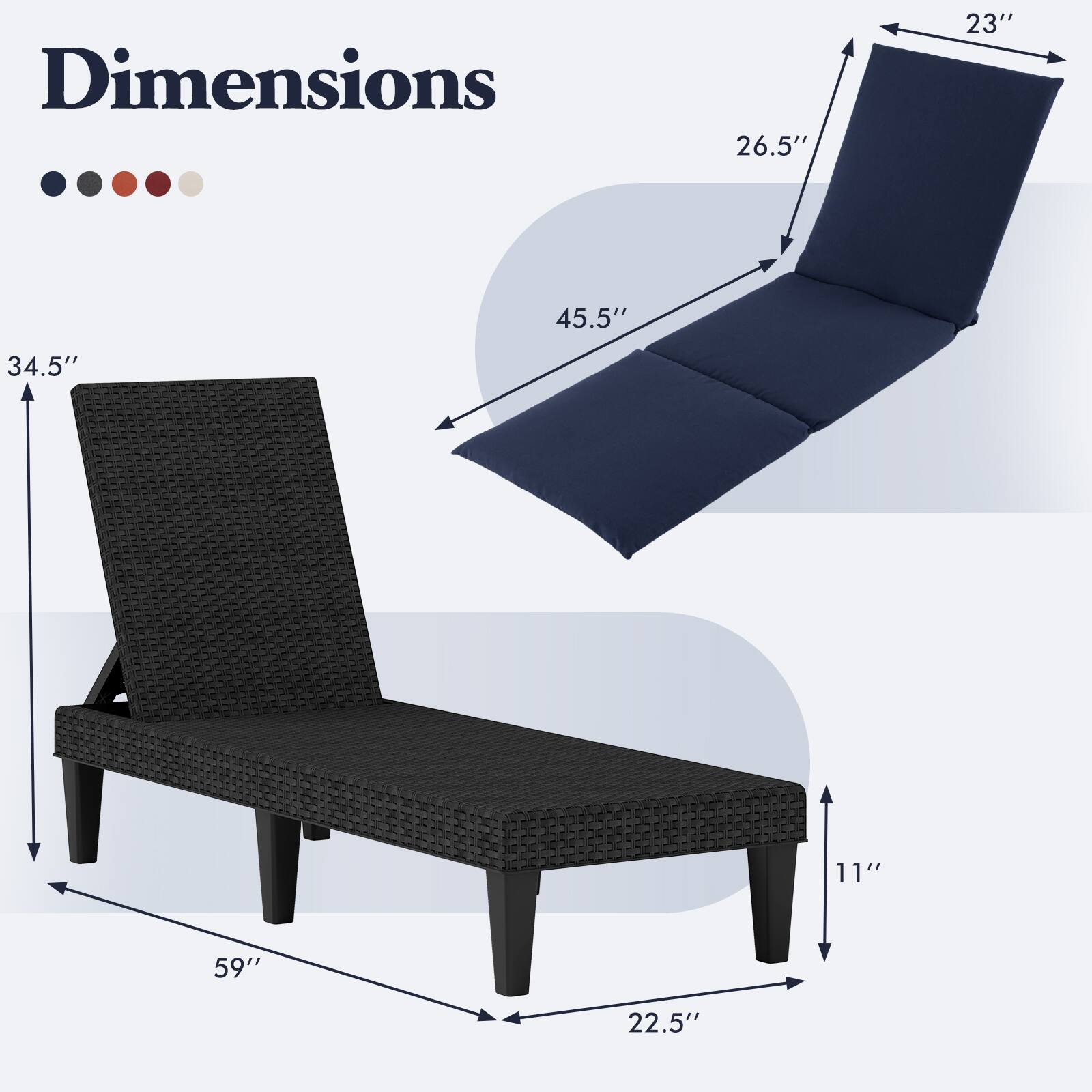Dimensions: 26.5" x 23" x 45.5" x 34.5" x 11" x 59" x 22.5"