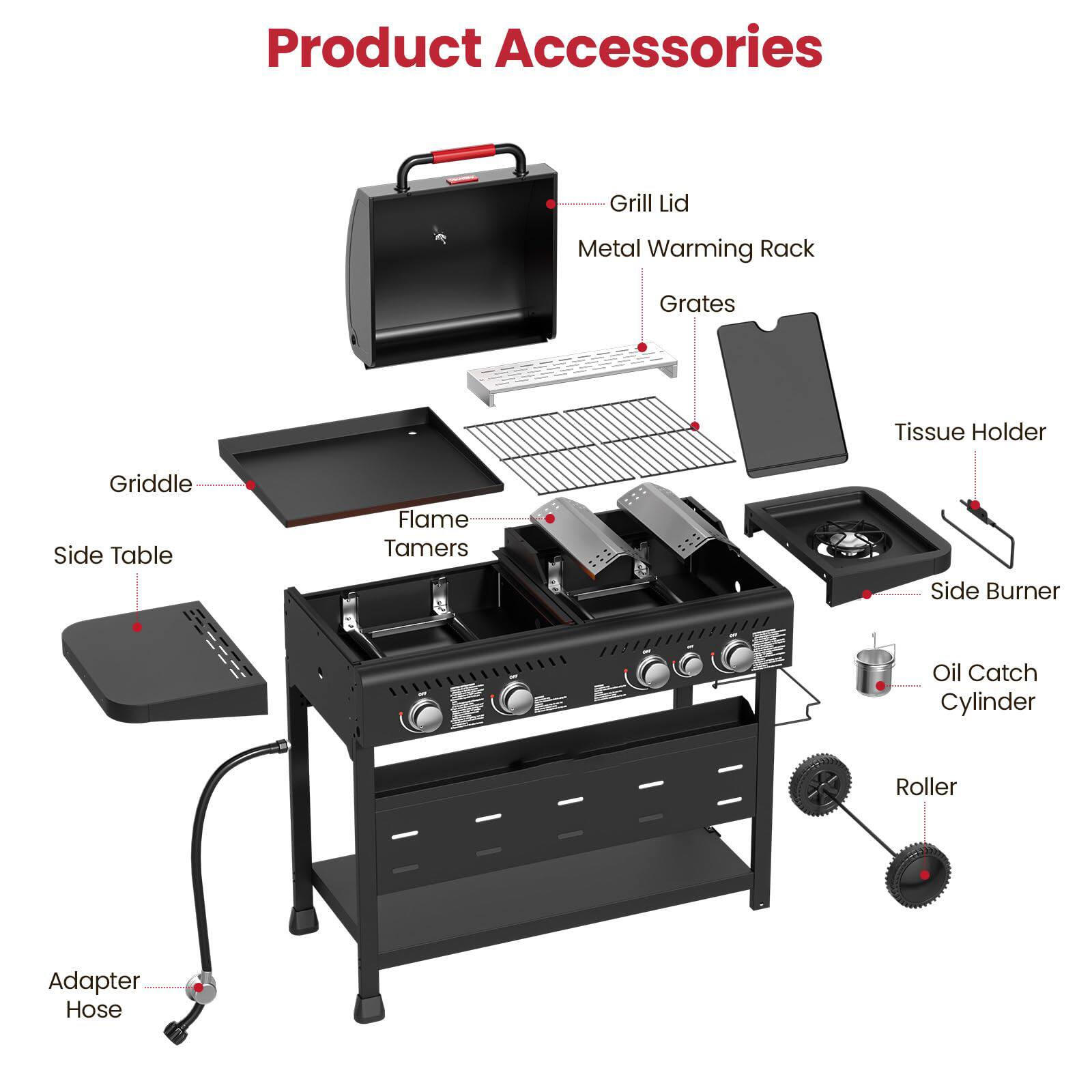 Product Accessories

- Grill Lid
- Metal Warming Rack
- Grates
- Tissue Holder
- Side Burner
- Oil Catch Cylinder
- Roller
- Adapter Hose
- Flame Tamers
- Griddle
- Side Table