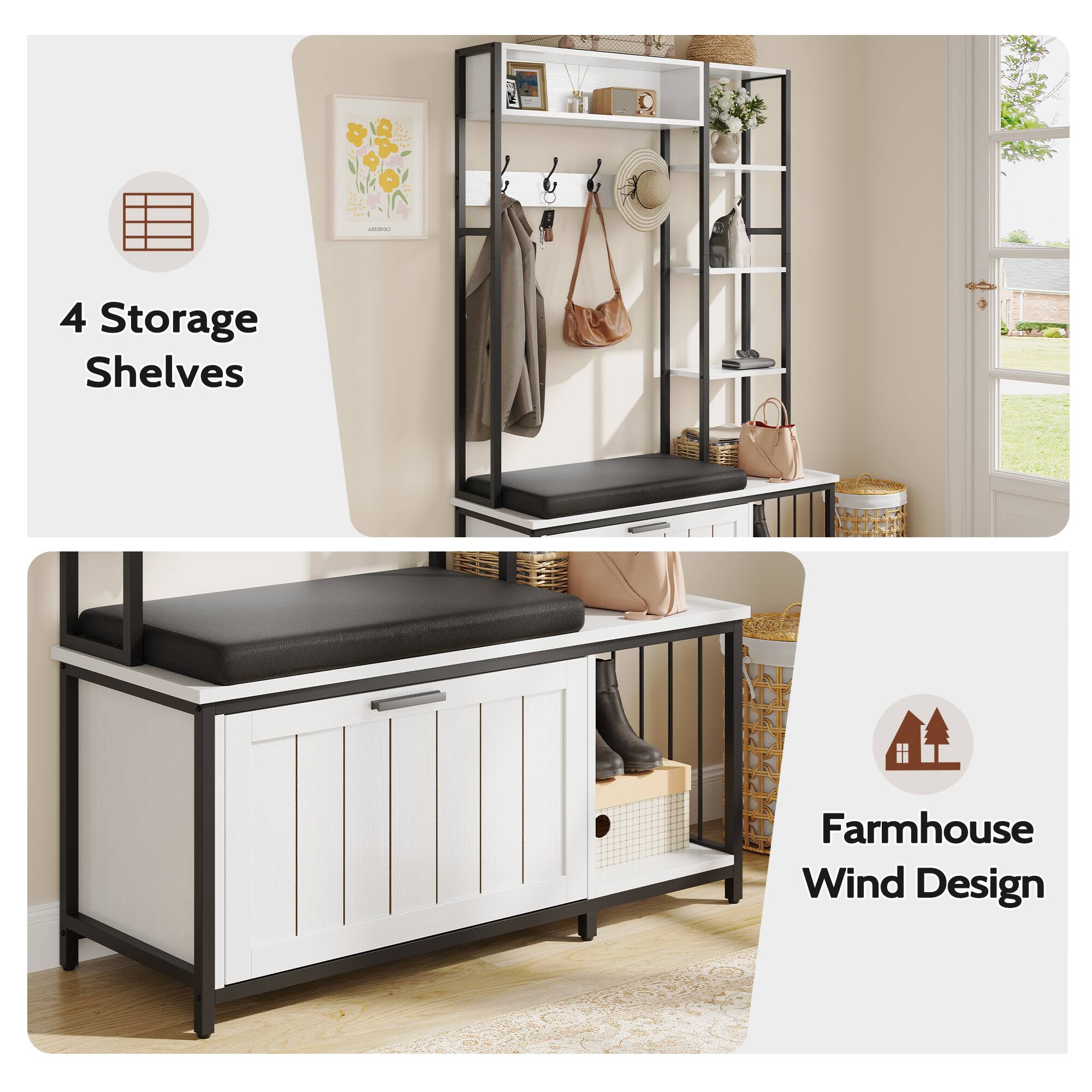 - 4 Storage Shelves
- Farmhouse Wind Design