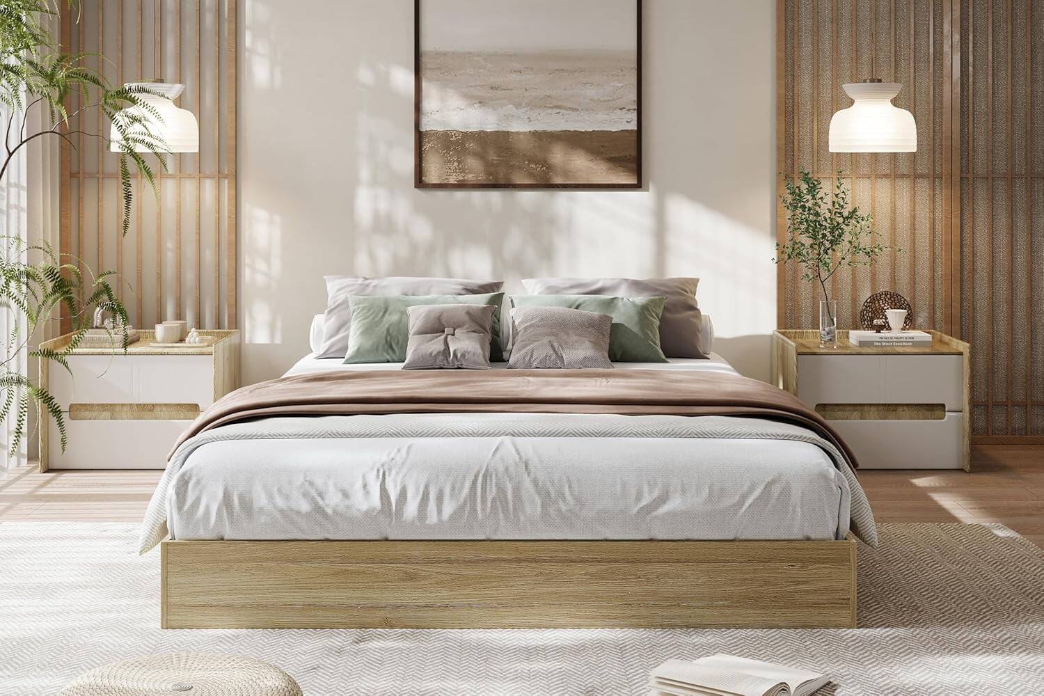 Left. GARVEE - King Size Wood Bed Frame with Slat Support, Minimalist Design, No Box Spring, Easy Assembly - Burlywood - Burlywood.