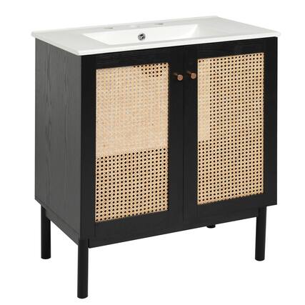 Front. Ecooso - 30" Bathroom Vanity with Ceramic Sink, Handwoven Rattan Doors, Soft-Close Design - Black.