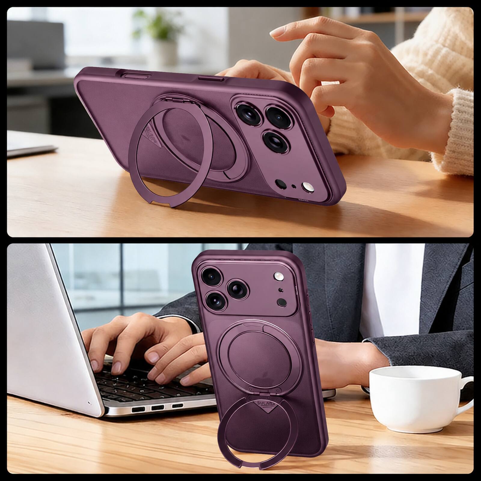 Left. Dteck - For iPhone 17 Pro Matte Rugged Case Compatible With Magsafe Accessories,Shockproof Ring Kickstand Hard PC+TPU Cove - Purple.