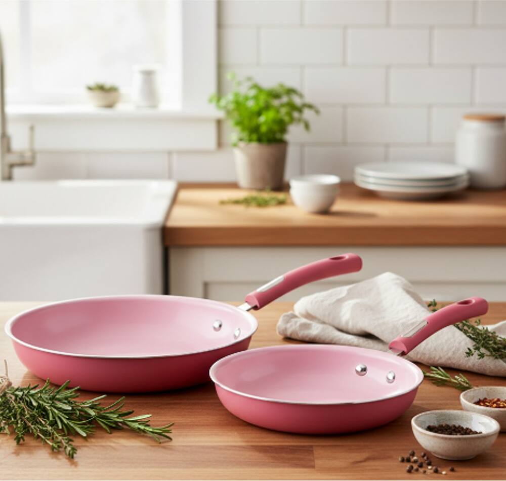 Left. Hamilton Beach - Set of 2 Aluminum Fry Pans with Ceramic Coating - Pink - Pink.