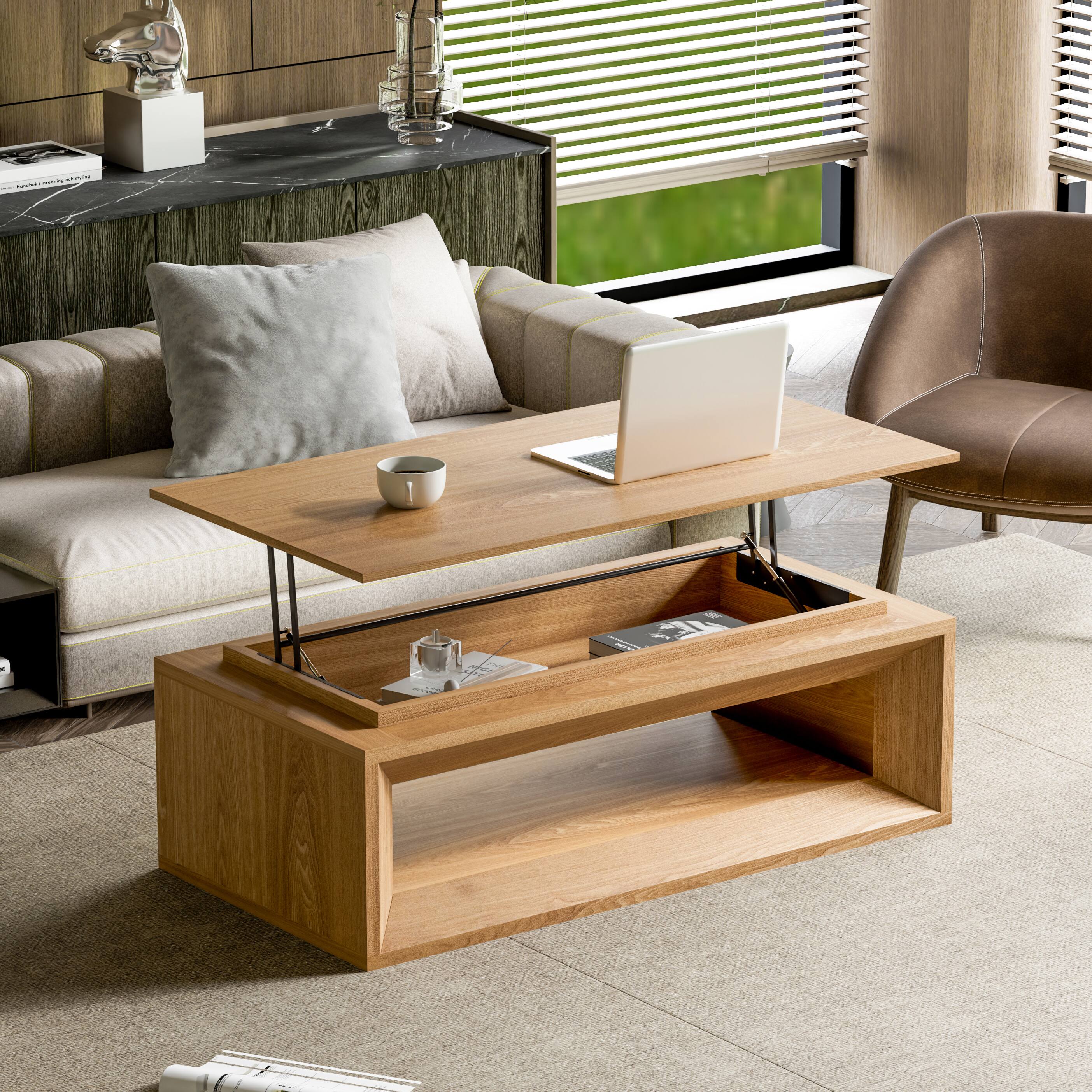 Back. Loheer - Loheer Lift-Top Coffee Table 43.3 Inch, Solid Wood Veneer, Hidden Storage, Adjustable Height, Natural Wood Finish - Natural Wood.