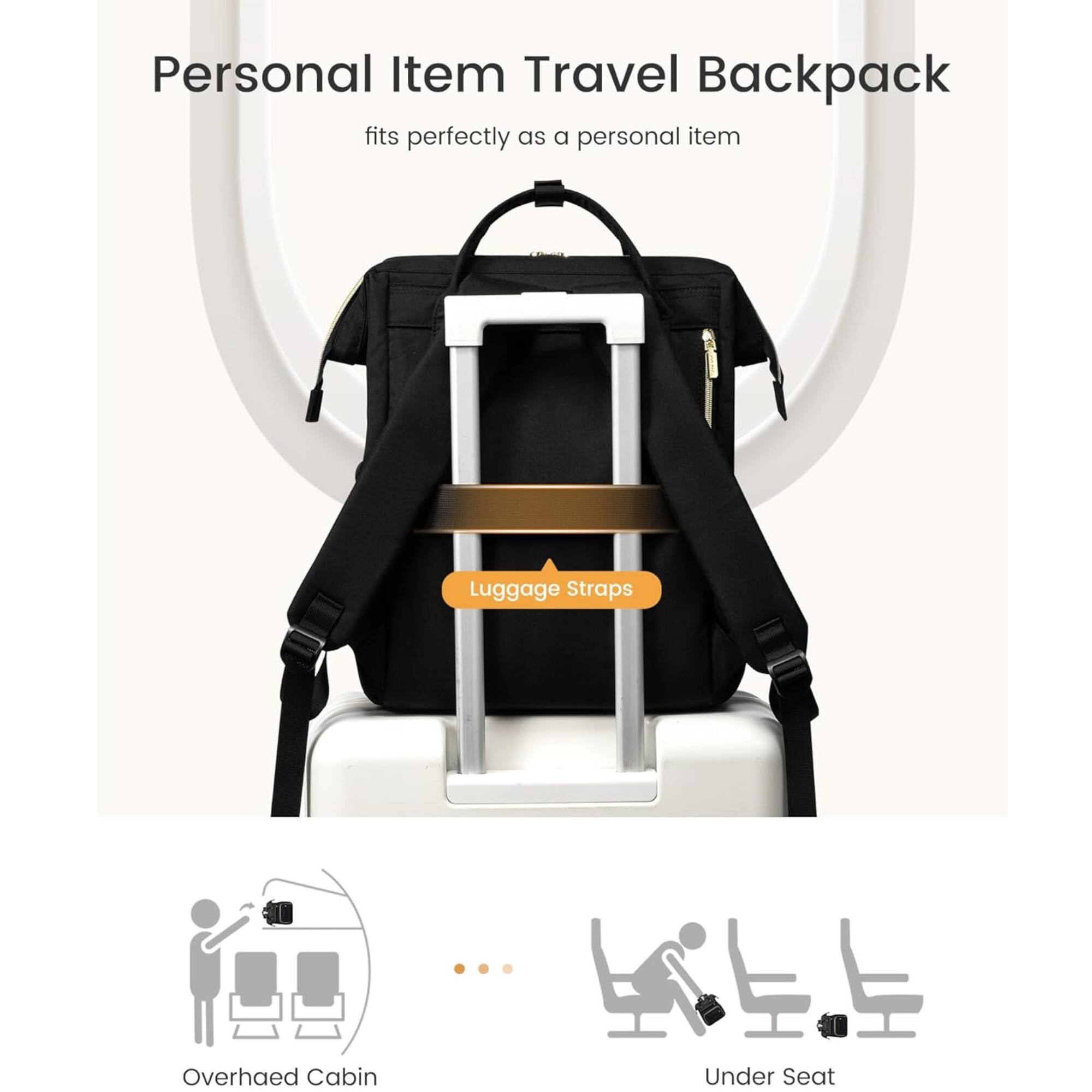 Personal Item Travel Backpack fits perfectly as a personal item

Luggage Straps

Overhead Cabin

Under Seat