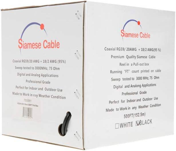 Siamese Cable Coaxial RG59/20 AWG + 18/2 AWG (95%) Sweep tested to 3000MHz, 75 Ohm Digital and Analog Applications Professional Grade Perfect for Indoor and Outdoor Use Made to Work in any Weather Condition 750061 Siamese Cable Coaxial RG59/20 AWG + 18/2 AWG (95%) Premium Quality Siamese Cable Reel in a Pull-out box Running "FT" count printed on cable tested to 3000 MHz, 75 Ohm Sweep Digital and Analog Applications Professional Grade and Outdoor Use Perfect for Indoor Weather Condition to Work in any Made 500FT (152.5m) WHITE BLACK